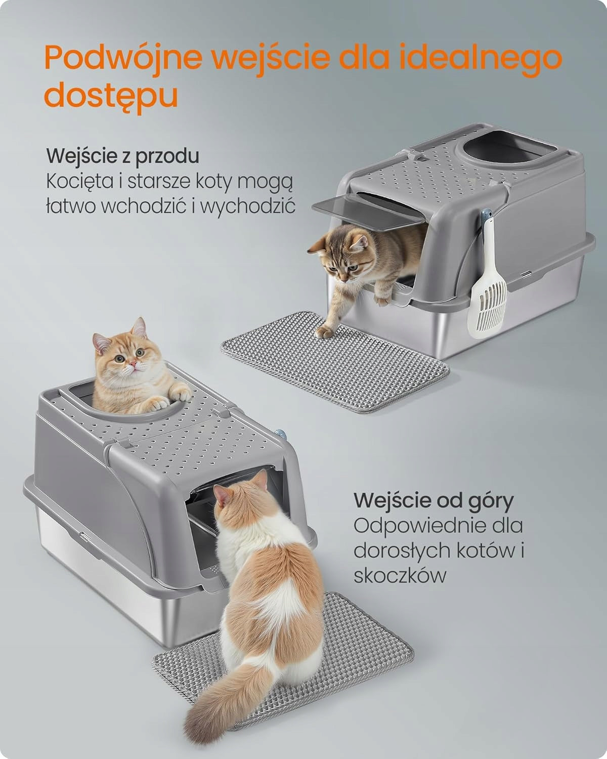 XL STAINLESS STEEL LITTER BOX WITH BRUSH BLADE COVER 2 ENTRANCES 15KG Kind closed litter box