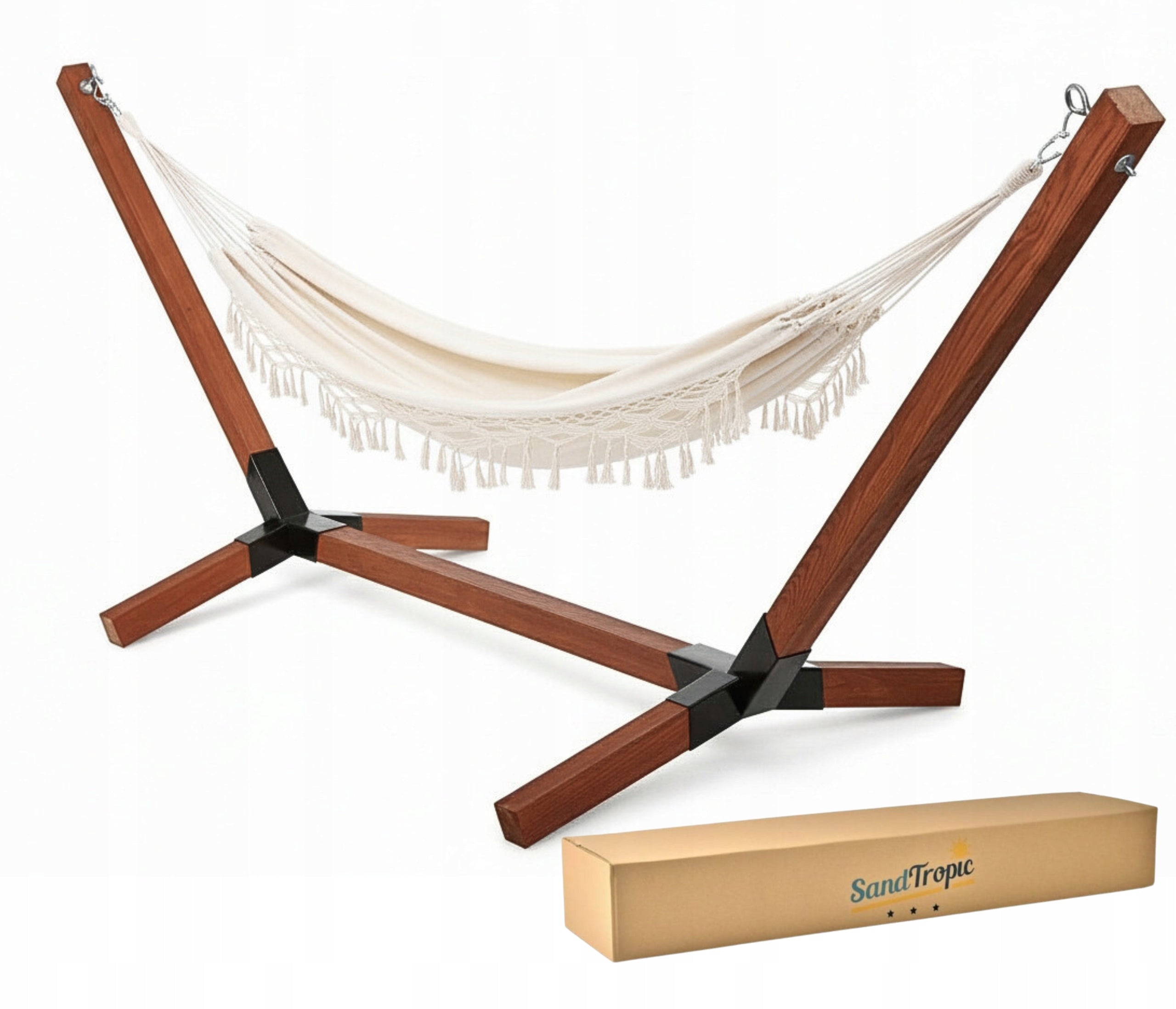 XL Set Wooden Hammock Frame Impregnated 220kg + Boho Ecru Hammock