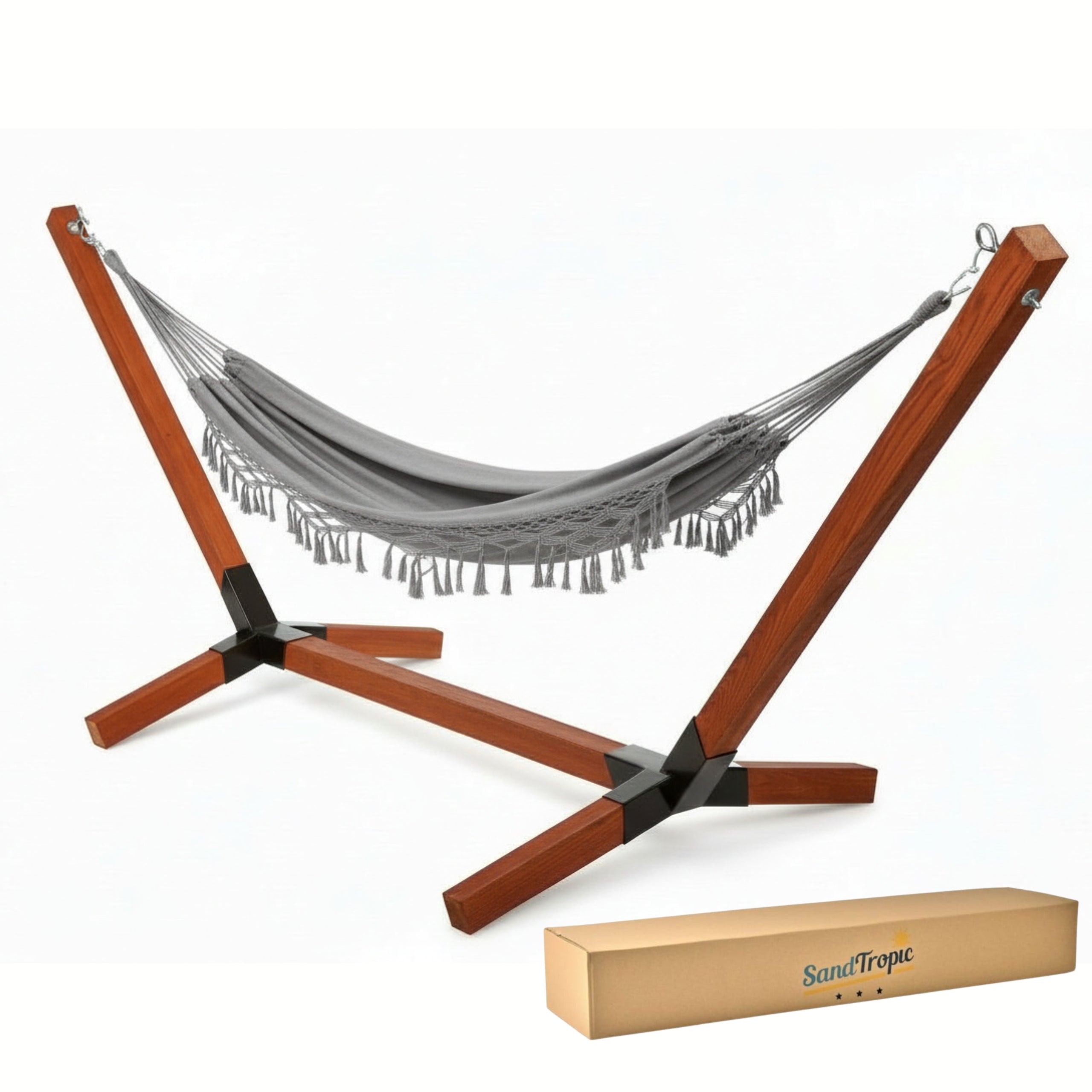 XL Set Wooden Hammock Frame Impregnated 220kg + Boho Hammock Grey
