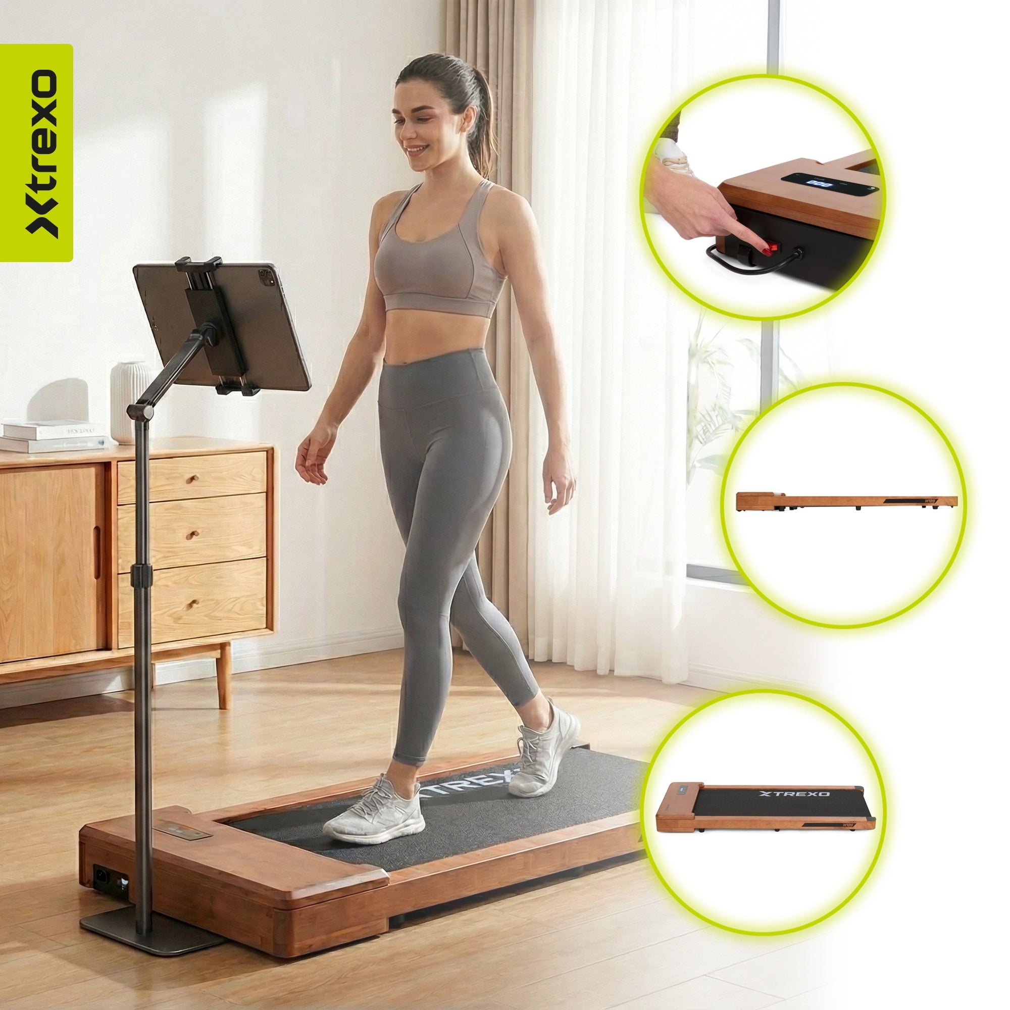 XTREXO Walking Pad W100+ wooden treadmill WITH REMOTE CONTROL 12 PROGRAMS 1-6 KM/H Maximum user weight 120 kg
