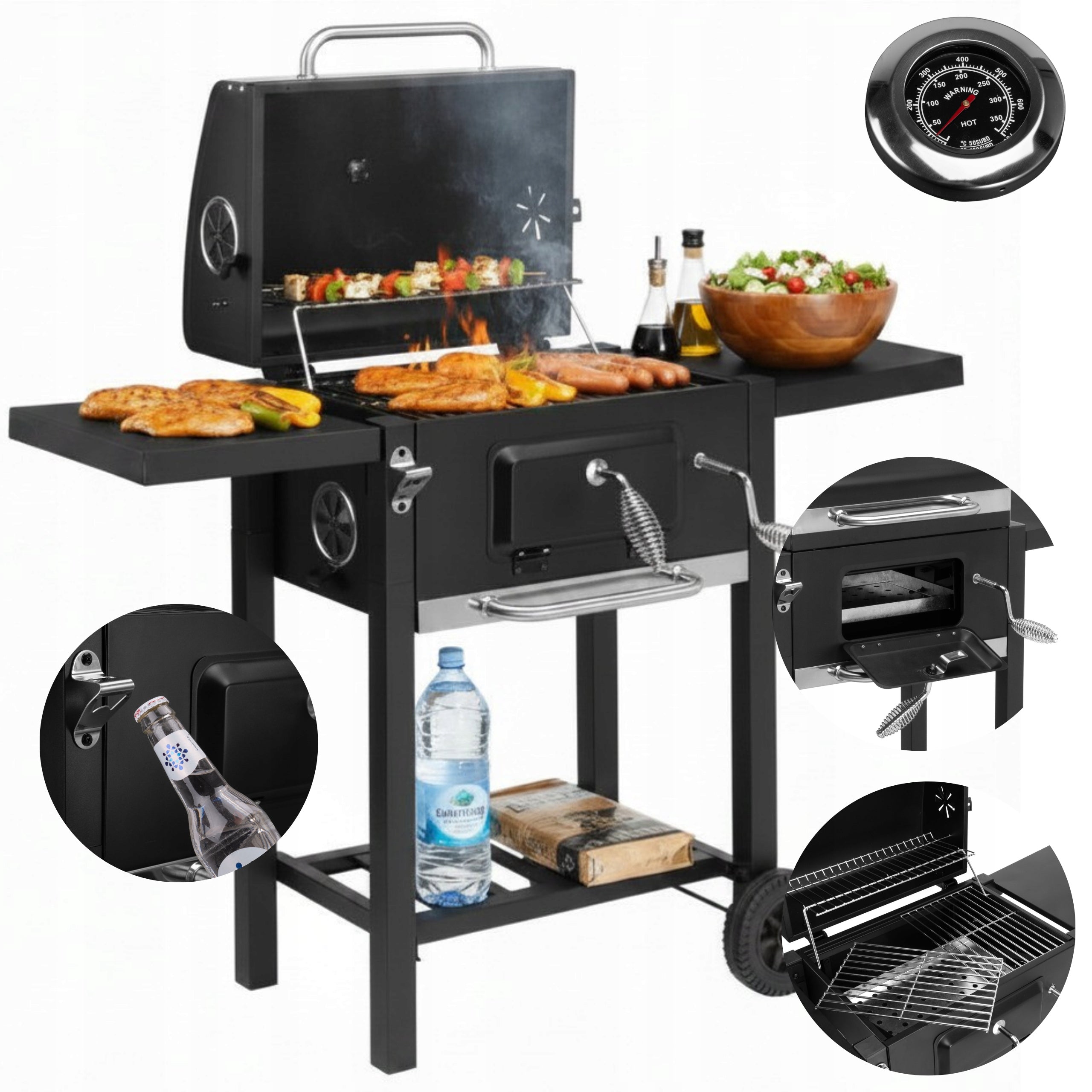 XXL Charcoal Grill with Lid and Garden Wheels Large Mobile Stable