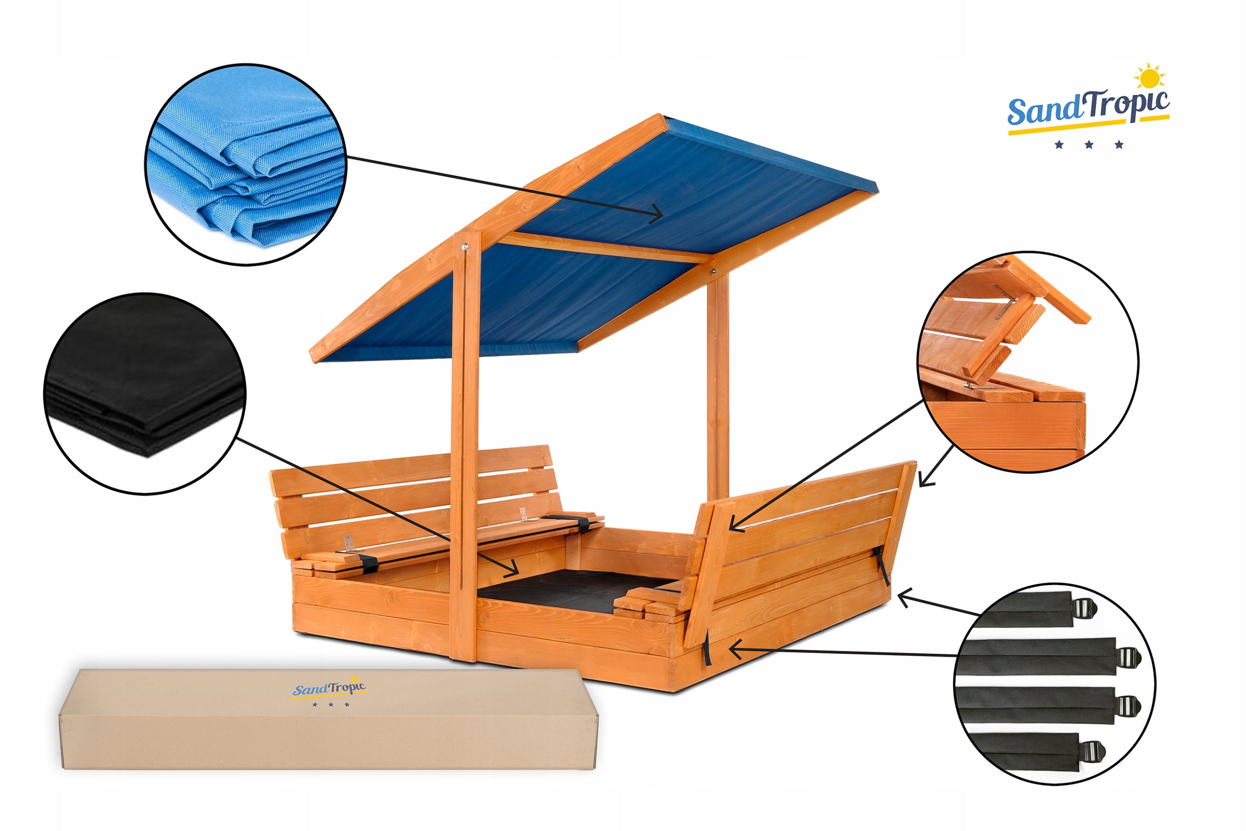 XXL Large Sandbox with Canopy Impregnated Wooden 150 Mounting Holes Kid's age 6+ months