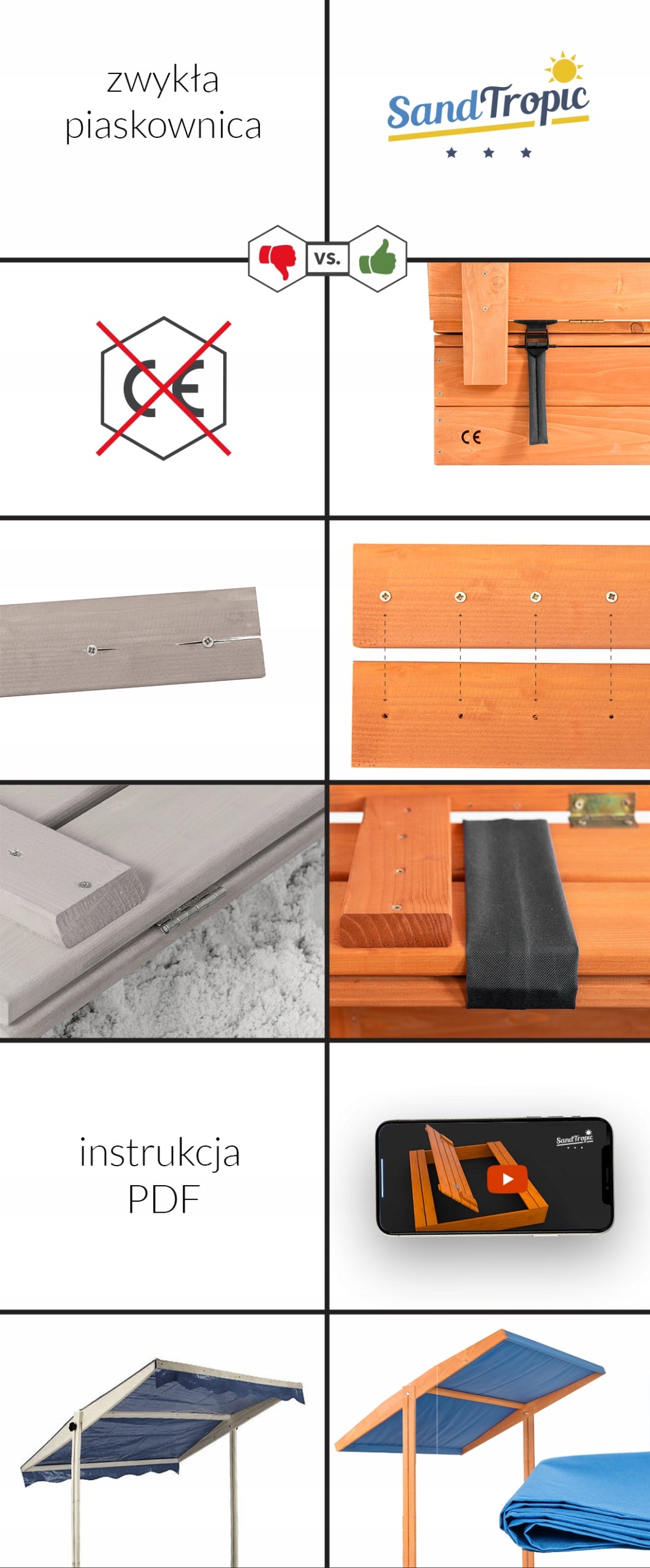 XXL Large Sandbox with Canopy Impregnated Wooden 150 Mounting Holes Length 146 cm