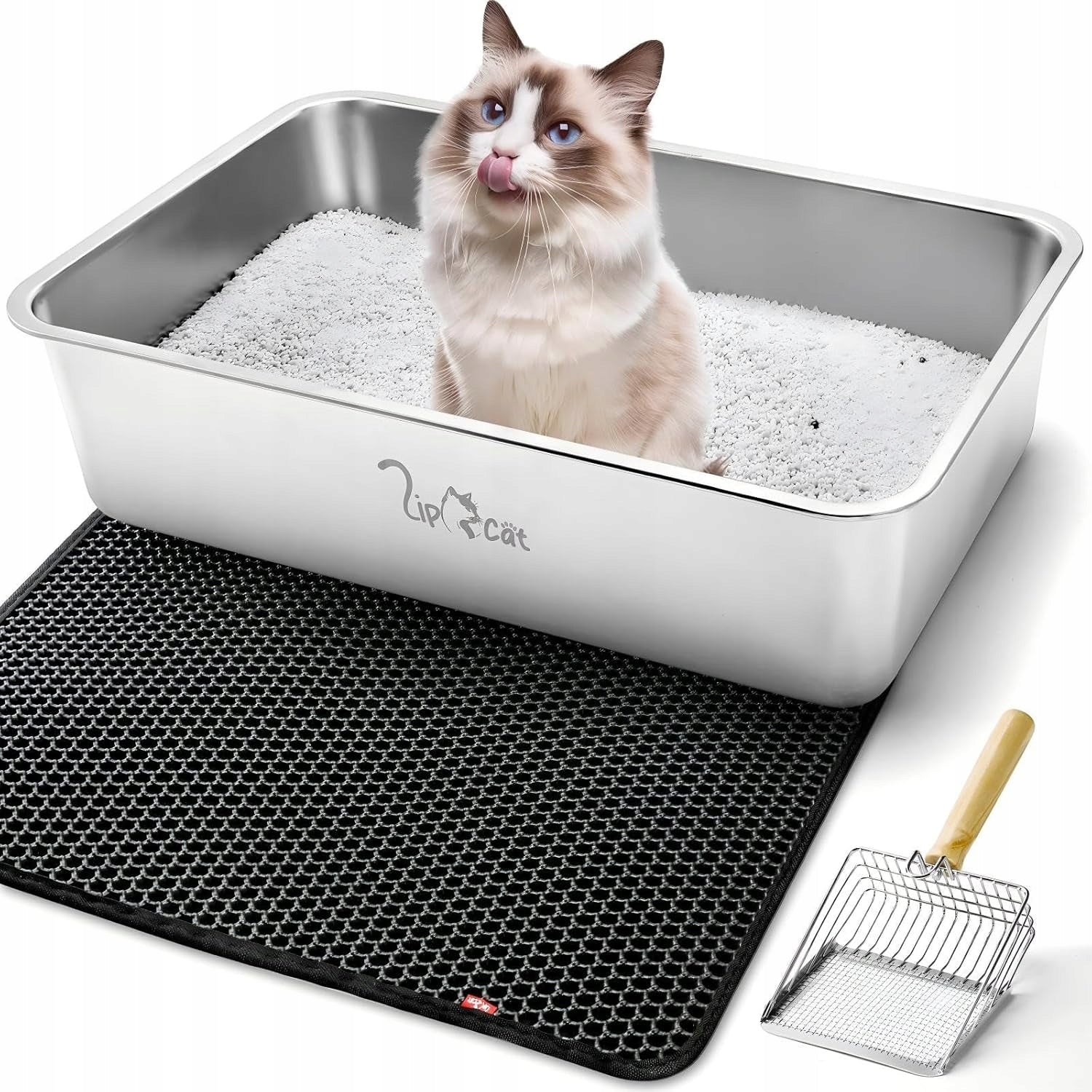 XXL Stainless Steel Cat Cuvette 60x40x15 cm with Mat Open Silver