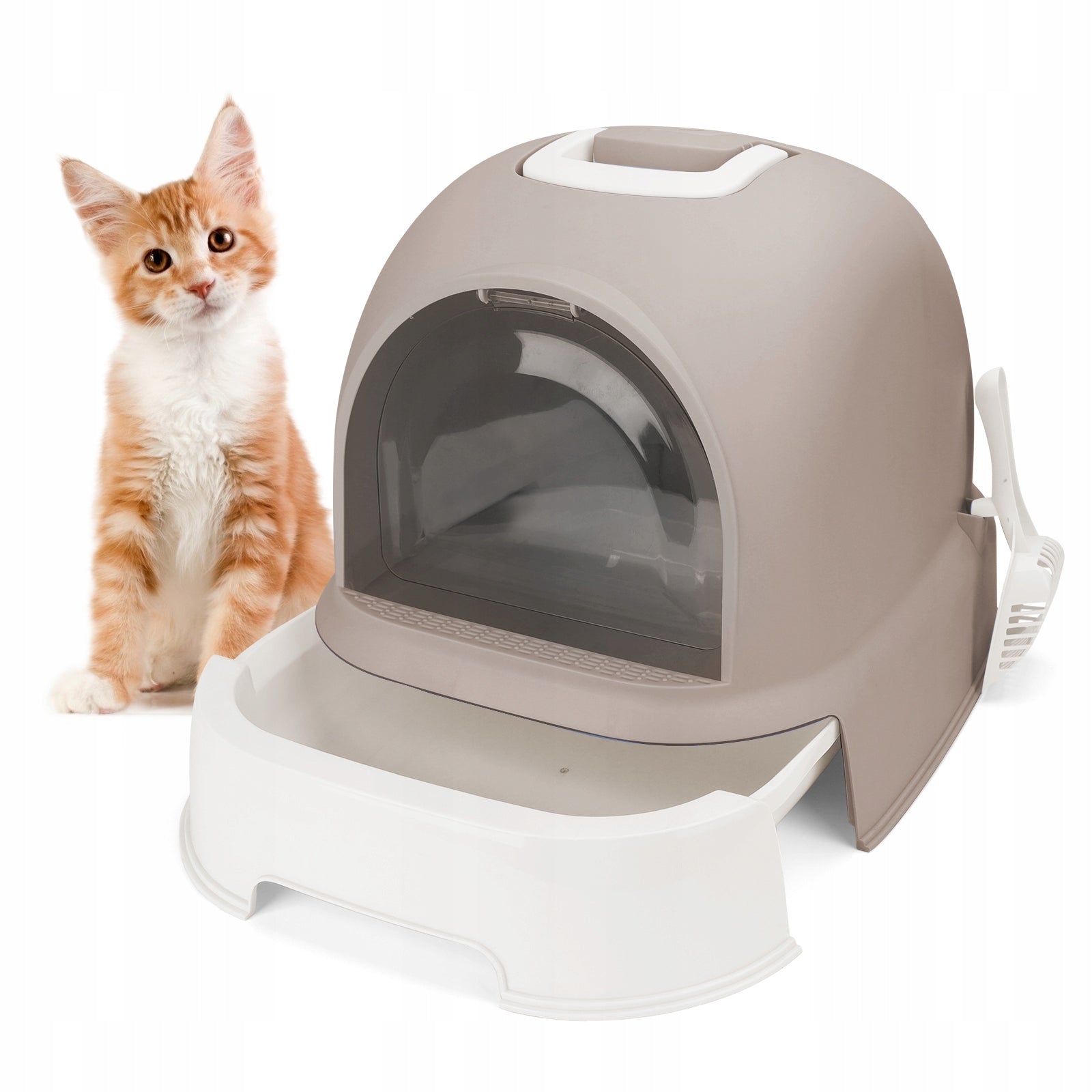 XXL closed cat litter box with drawer large brown 52x42x38,5 spatula