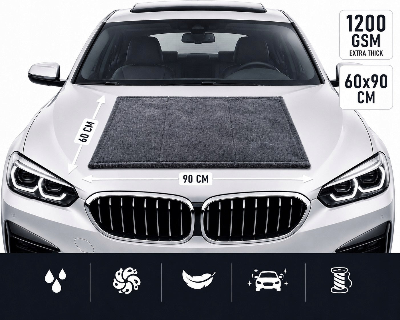 XXL mikrovláknový uterák na auto 60x90 cm 1200 GSM bez šmúh Packaging status original