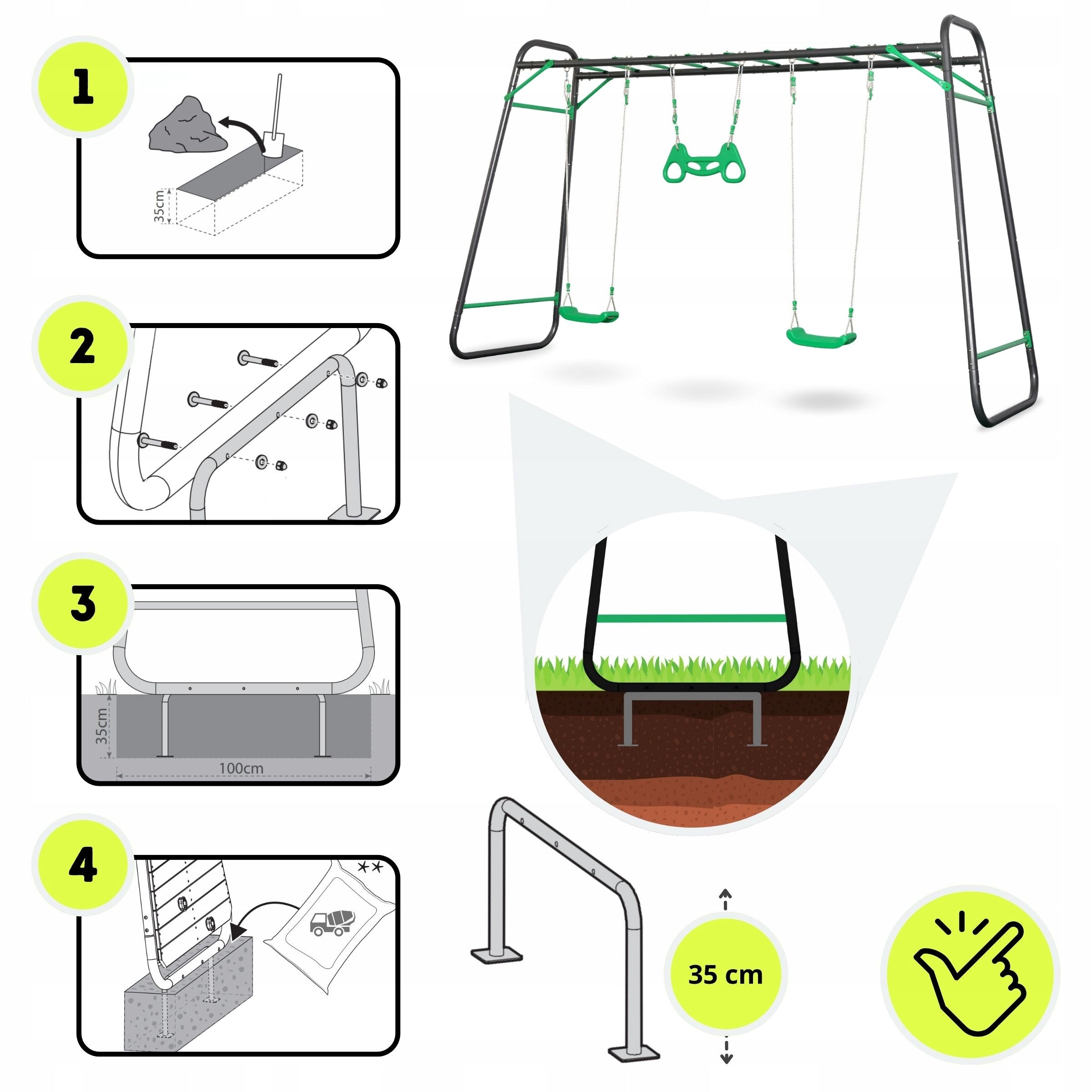 XXL steel garden swing - 2 seats, ladder, gymnastic trapezoid Included 2 single swings ladder pipes