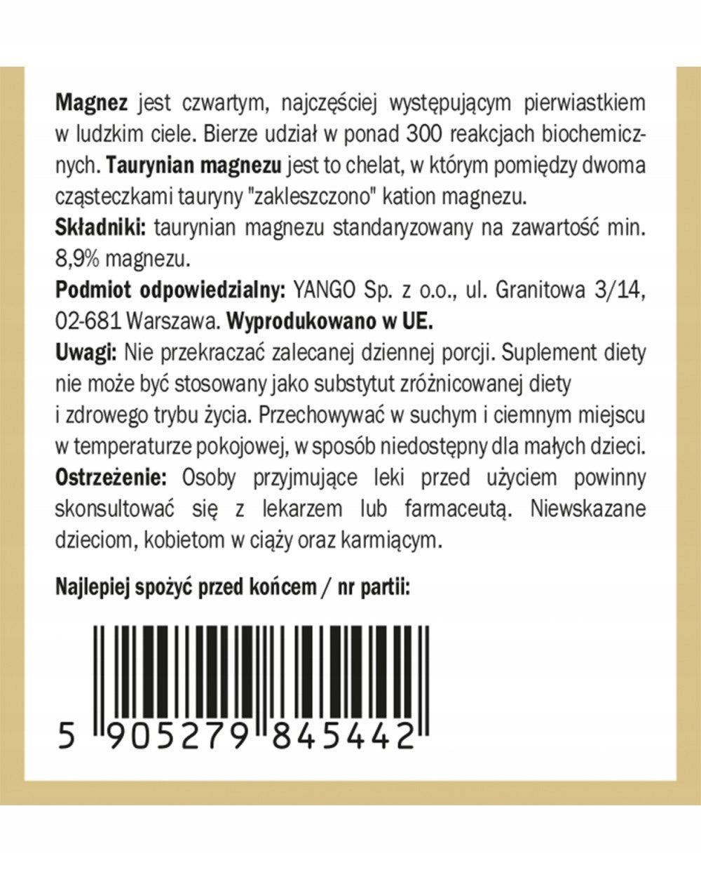 YANGO Magnesium Taurate 1200mg 50g Chelate MAGNESIUM Bone Nervous System Manufacturer code YANGO Taurynian magnezu 1200mg 50g