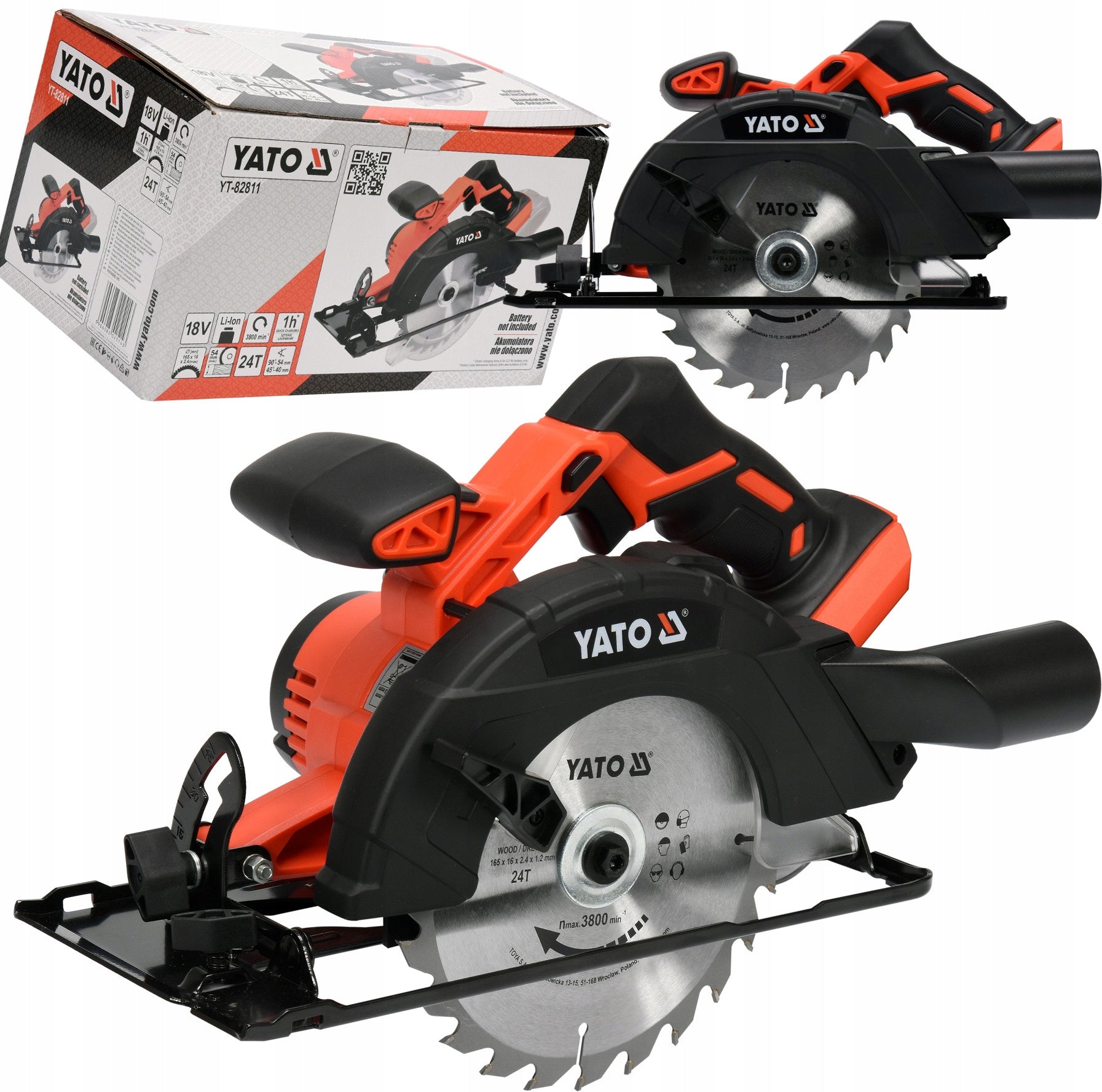 YATO CIRCULAR SAW 165MM CORDLESS SAW 18V BODY WITHOUT BATTERY Rotational speed 3800 rpm