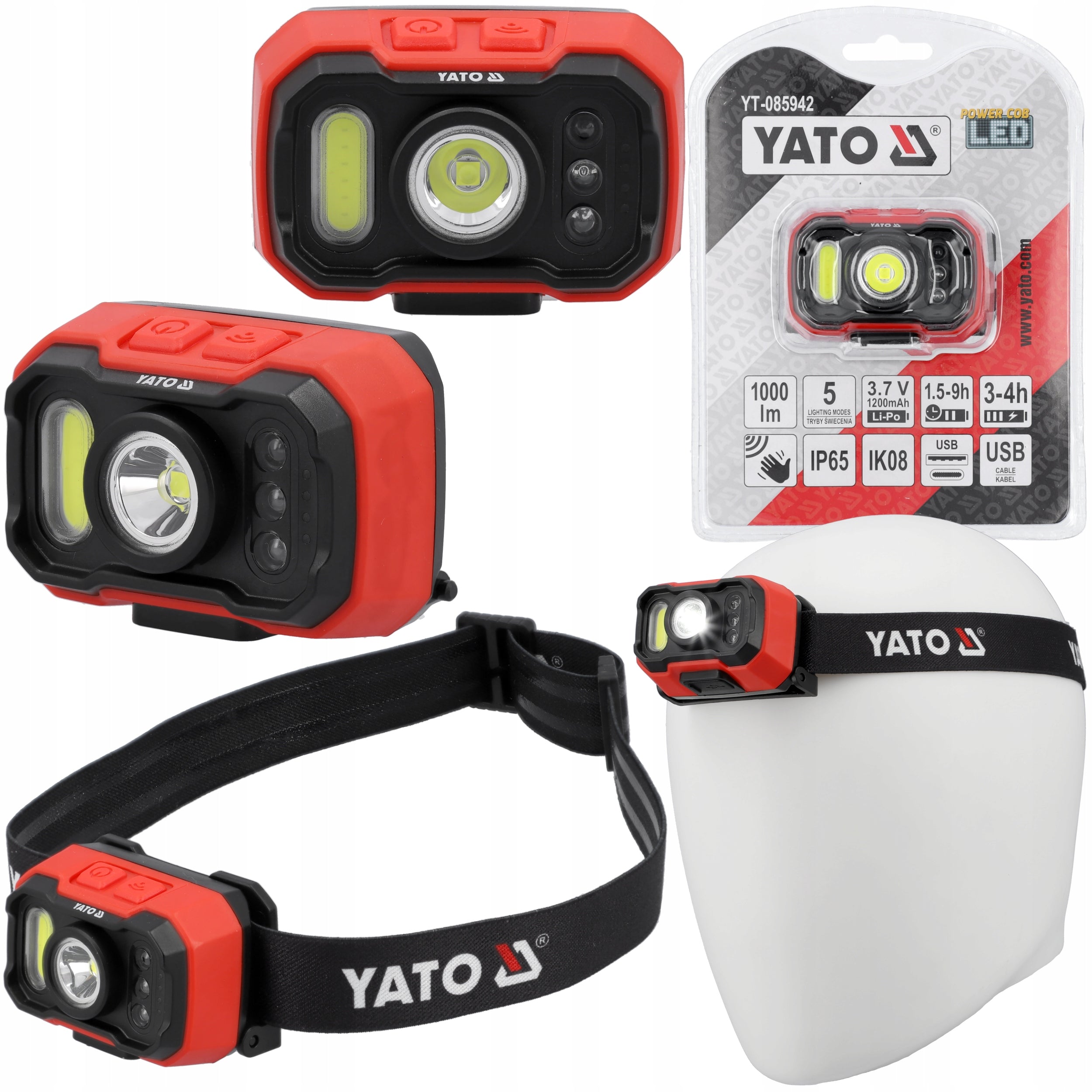 YATO HEADLAMP 8W 1000LM RECHARGEABLE WITH MOTION SENSOR