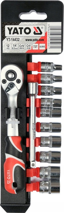 YATO SOCKET SET WITH ACCESSORIES 1/4",12 PARTS 72T YT-14432