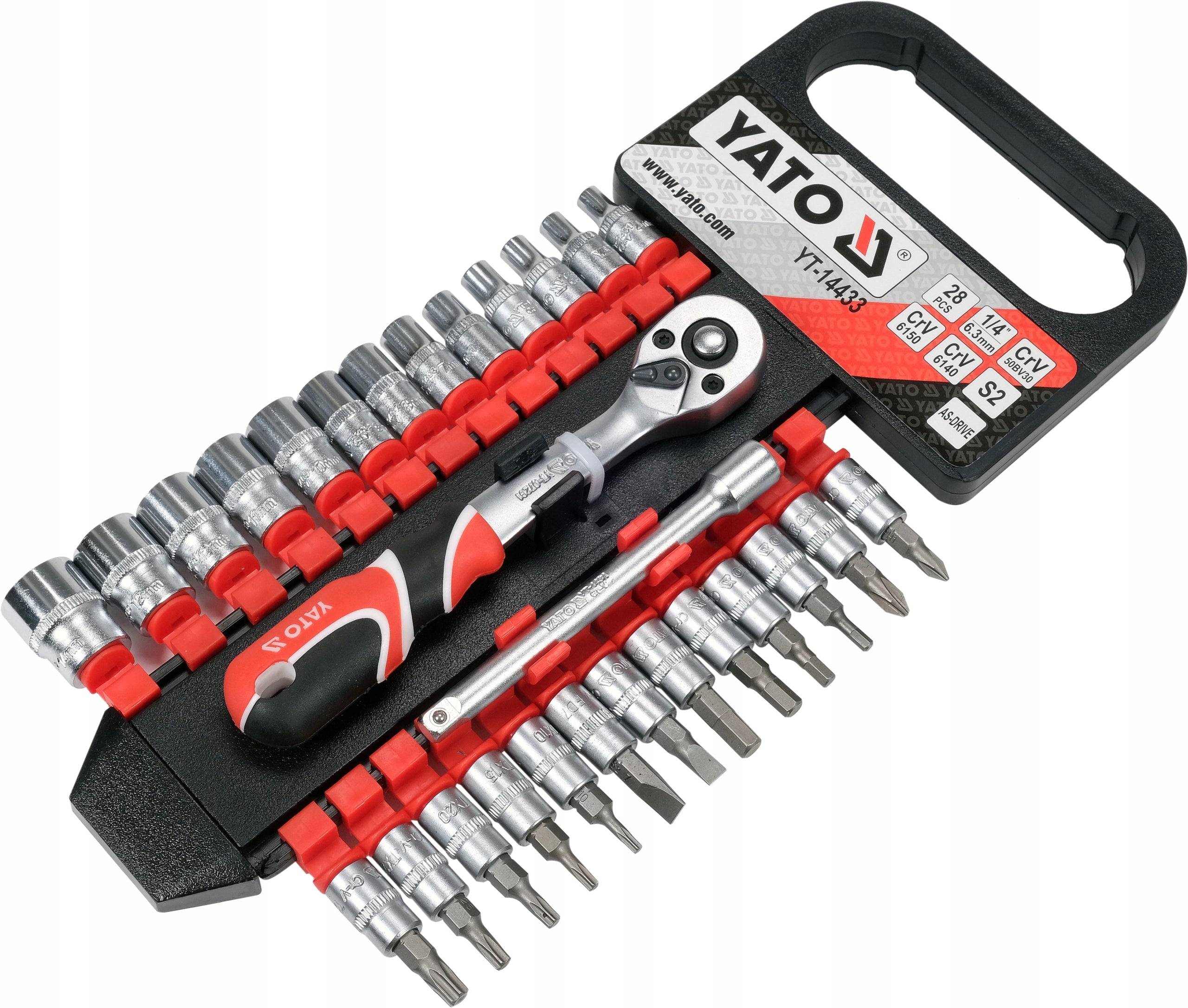YATO SOCKET SET WITH ACCESSORIES 1/4", 4-14mm 28 EL. Manufacturer code YATO_YT-14433