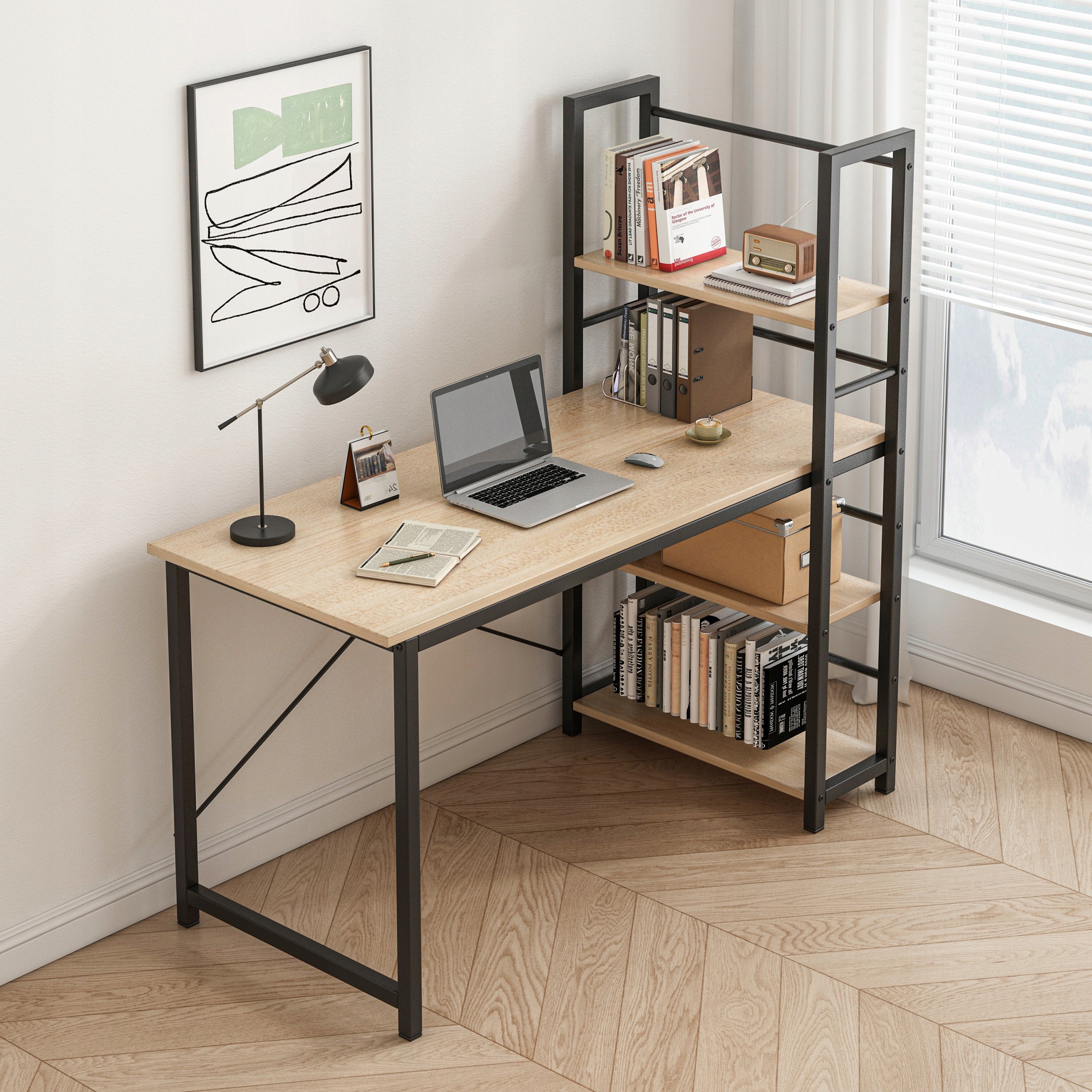 YOUTH DESK WITH BOOKCASE COMPUTER SHELVES METAL MODERN LIGHT BROWN Manufacturer code 1015474