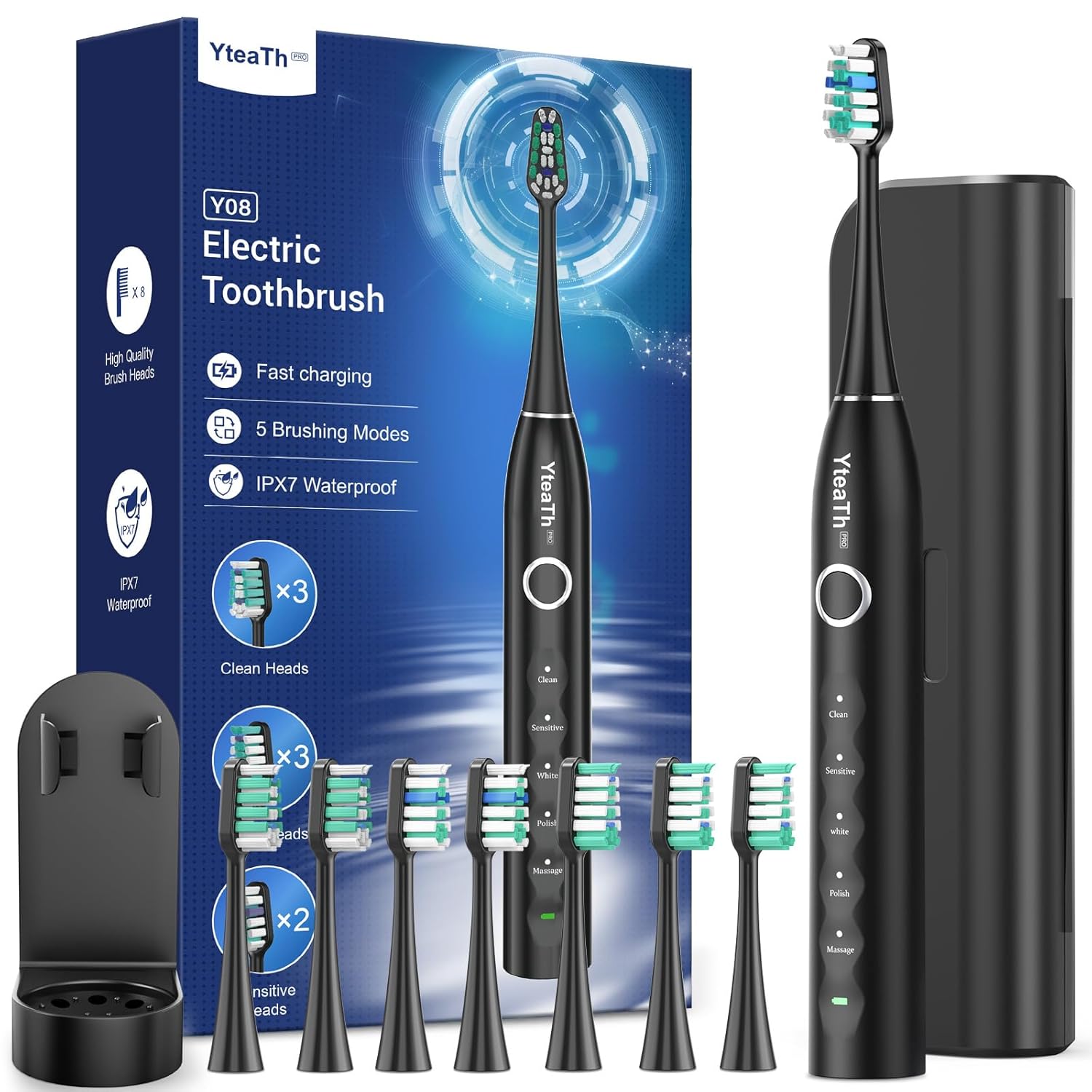YTEATH Y08 ELECTRIC SONIC TOOTHBRUSH 5 MODES + 8 TIPS.