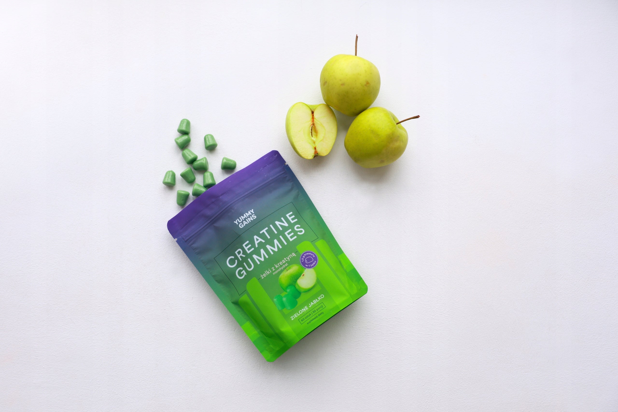 YUMMY GAINS Creatine Gummies 60pcs Monohydrate Creatine Gummies Green Apple Expiration date at least 1 year from the date of purchase