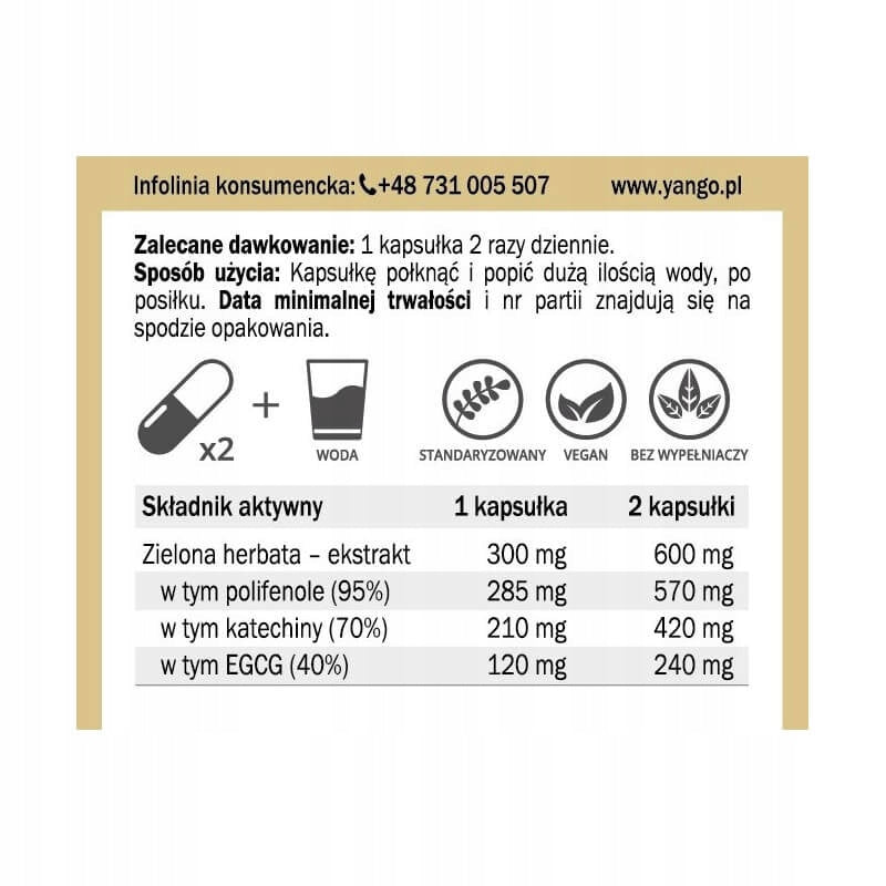 Yango - Green tea - 95% Polyphenols - Catechins + EGCG - 90 caps. Brand Yango