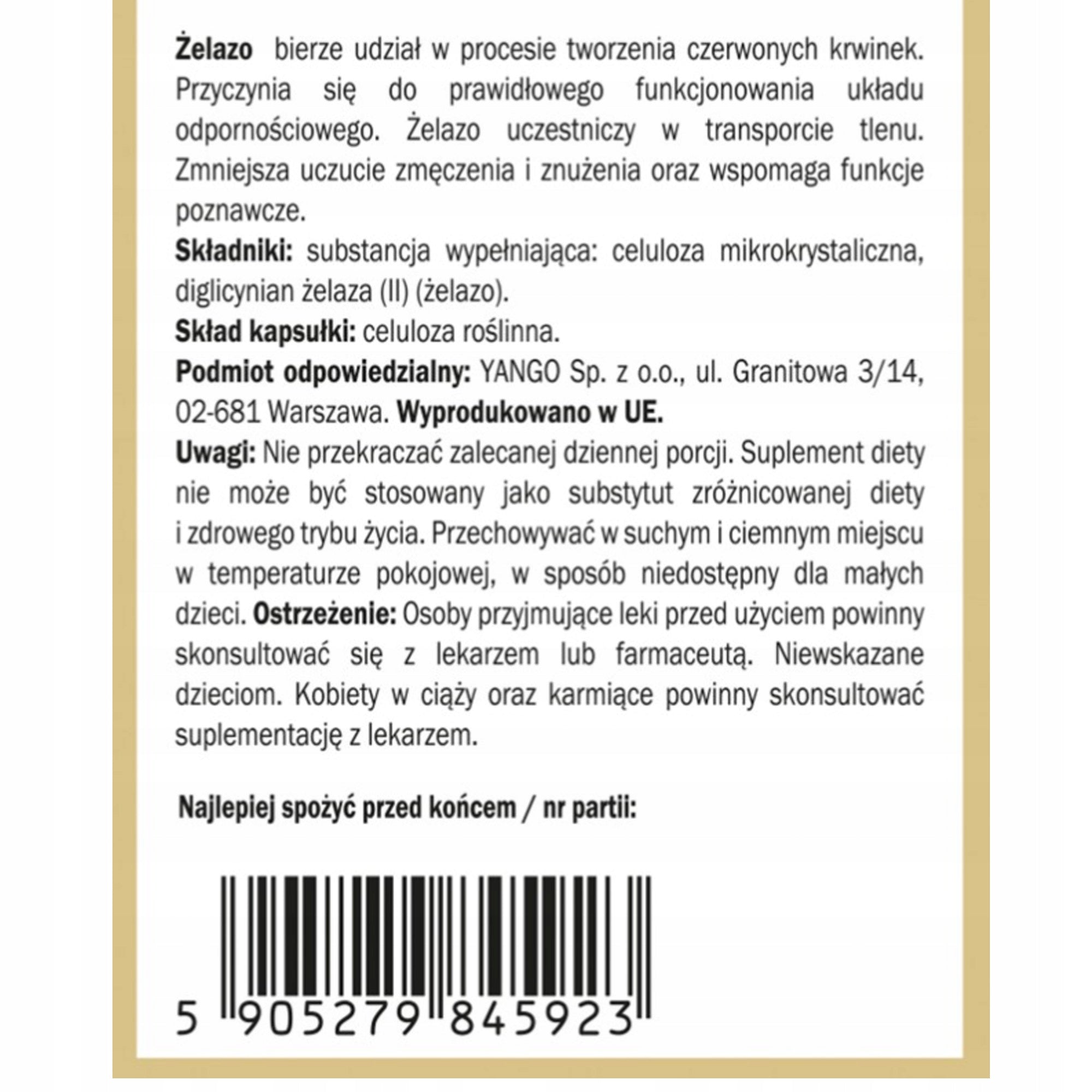 Yango IRON FE DIGLYCINAN 450mg support HEMOGLOBIN FERRITINE 90 kaps. Manufacturer code YANGO suplement diety