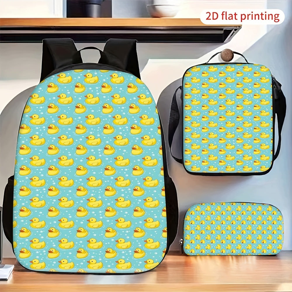 Yellow Duck Print 3-Piece Backpack, Lunch Box, and Pencil Case Set