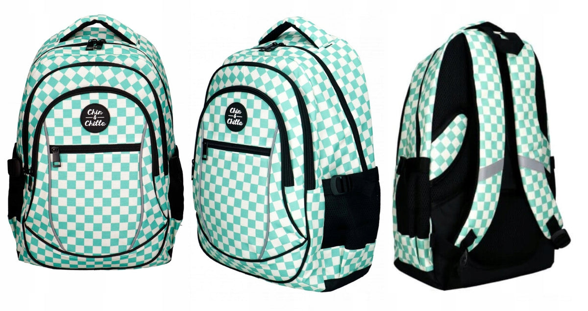 Youth School Backpack 3 Compartments Chessboard Green Incood Brand Chin&Chilla