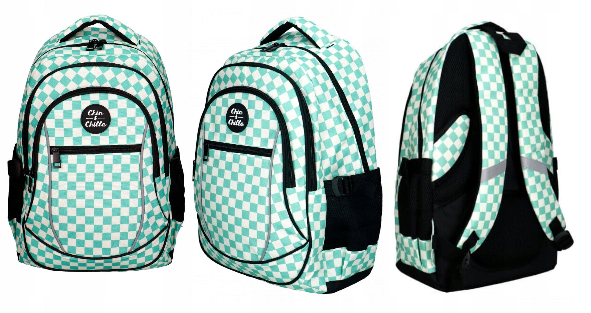 Youth School Backpack 3 Compartments Chessboard Green Incood Brand Chin&Chilla