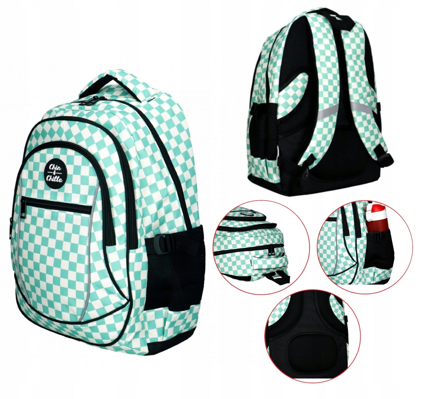 Youth School Backpack 3 Compartments Chessboard Green Incood