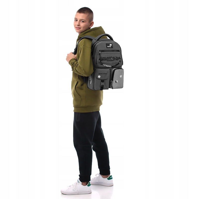 Youth school backpack large for boys with compartments grey A4 Kite Packaging status original