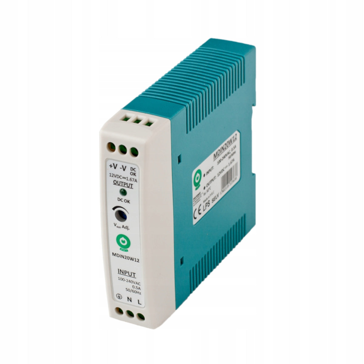 Maitinimo šaltinis MDIN20W12 DIN bėgiui, 12V/1.67A/20W