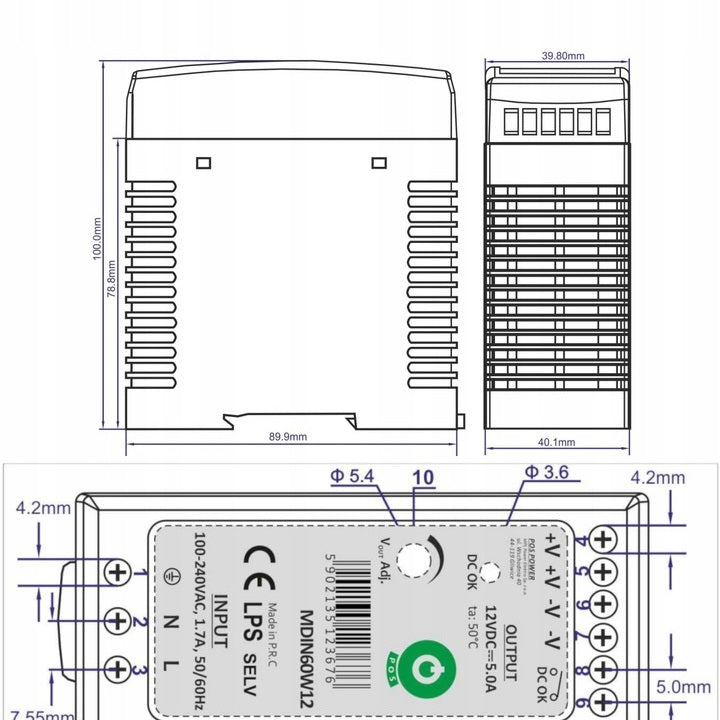 Netzteil MDIN60W12 für DIN-Schiene - 12V, 5A, 60W