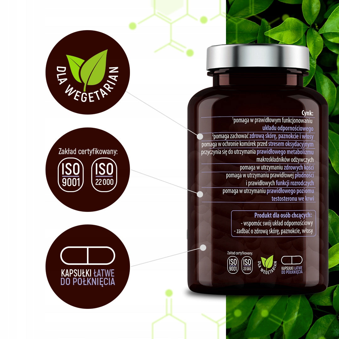 ZINC Organic FORTE 15 MG Gluconate RESISTANCE SKIN HAIR FERTILITY TESTO Manufacturer code Zinc w tabletkiach, tabletki na trądzik, wege