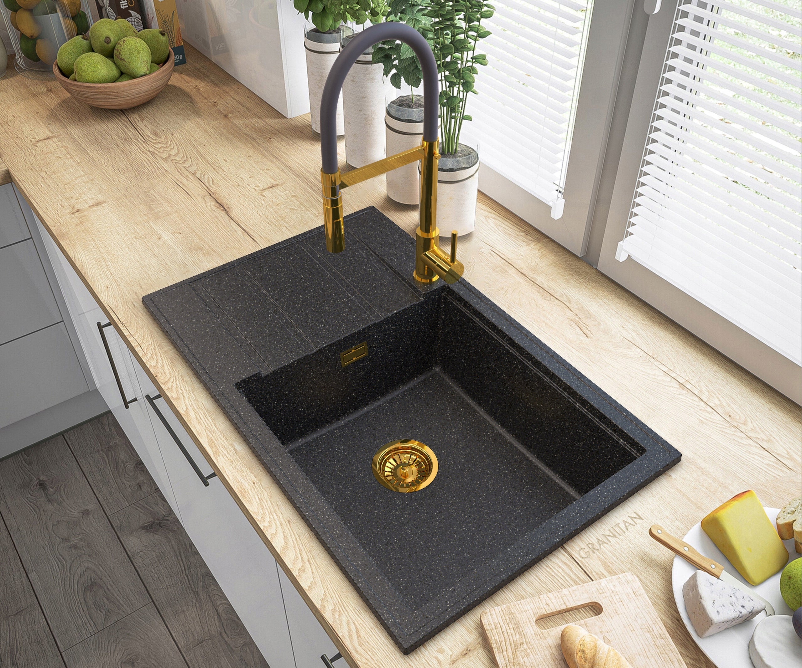 Granito kriauklės komplektas Granitan Louis Golden Line, juodas