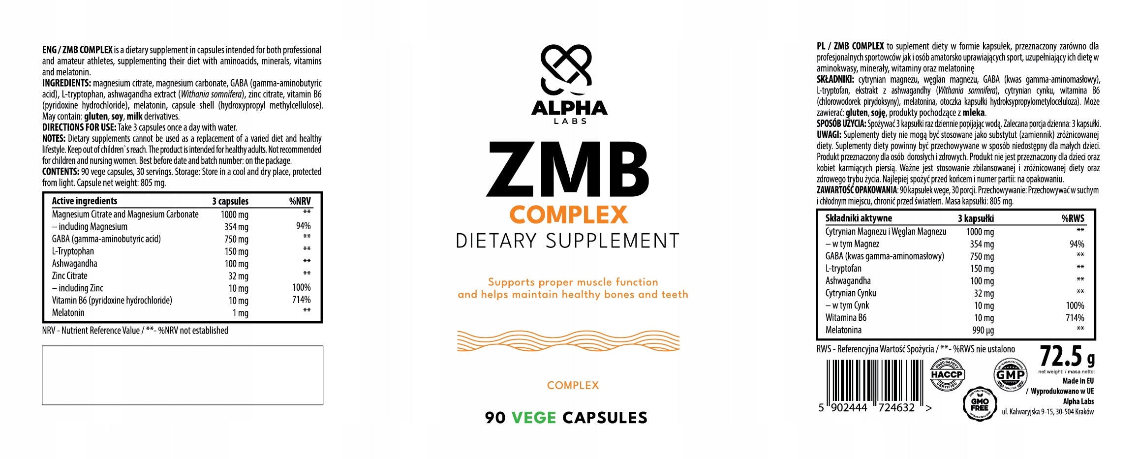 ZMB Complex Alpha Labs Magnesium Zinc B6 Sleep Regeneration 90 Caps Expiration date at least 1 year from the date of purchase