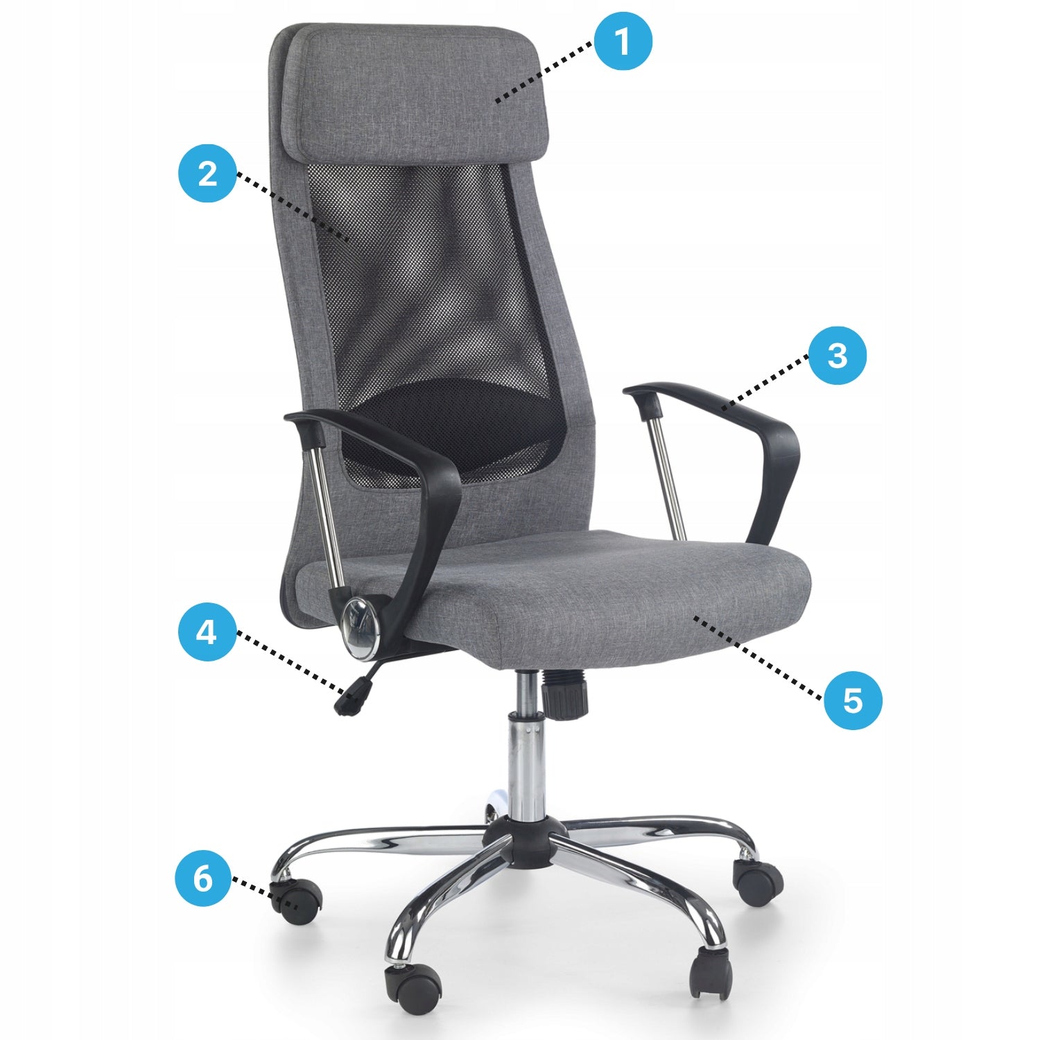ZOOM Desk Swivel Chair Grey Upholstered Office Mesh Halmar Furniture depth 64 cm