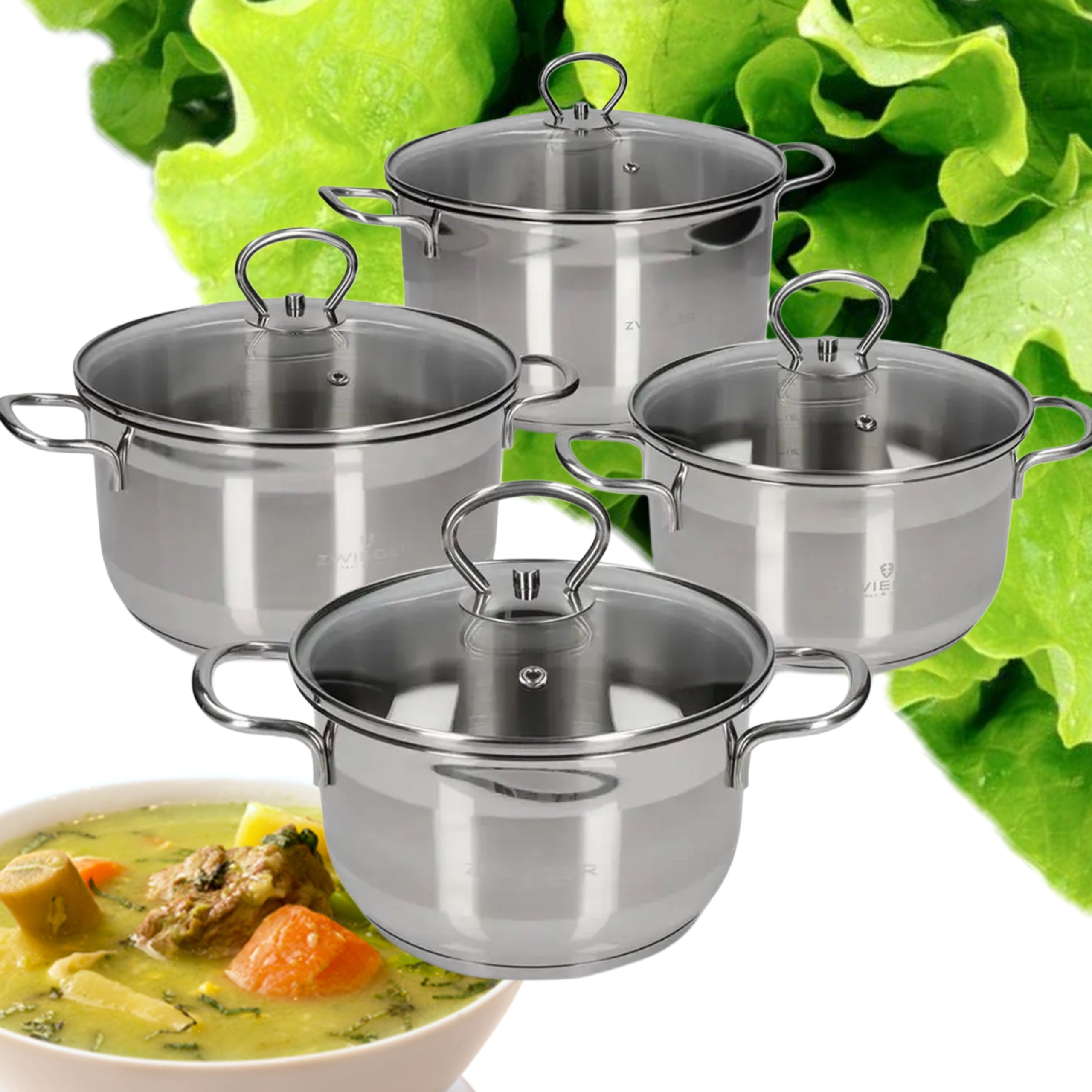 ZWIEGER ROCCA SET OF 4 STEEL POTS WITH LID INDUCTION PREMIUM GAS