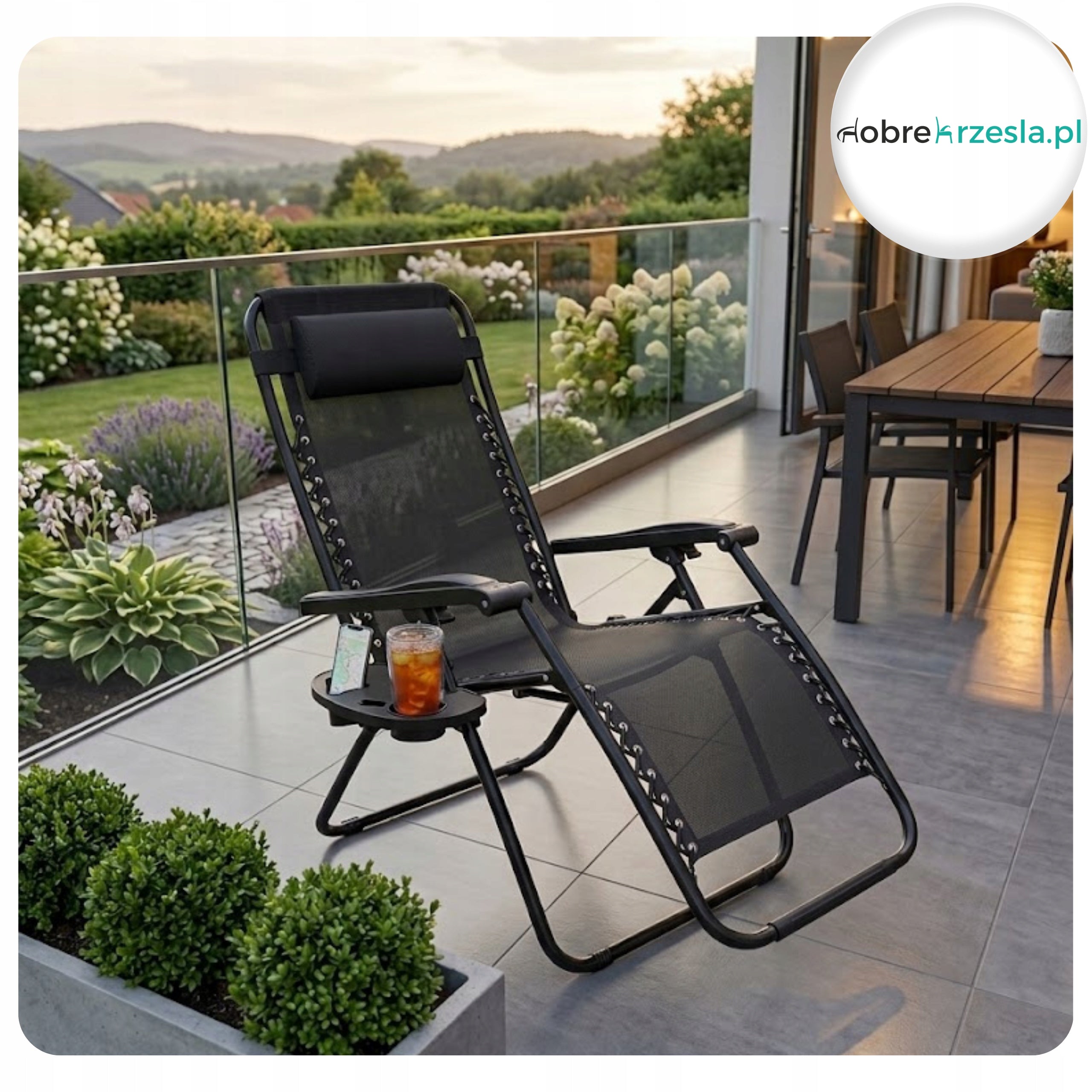 Zero Gravity Garden Sun Lounger Black Folding with Drink and Phone Holder Brand Atos
