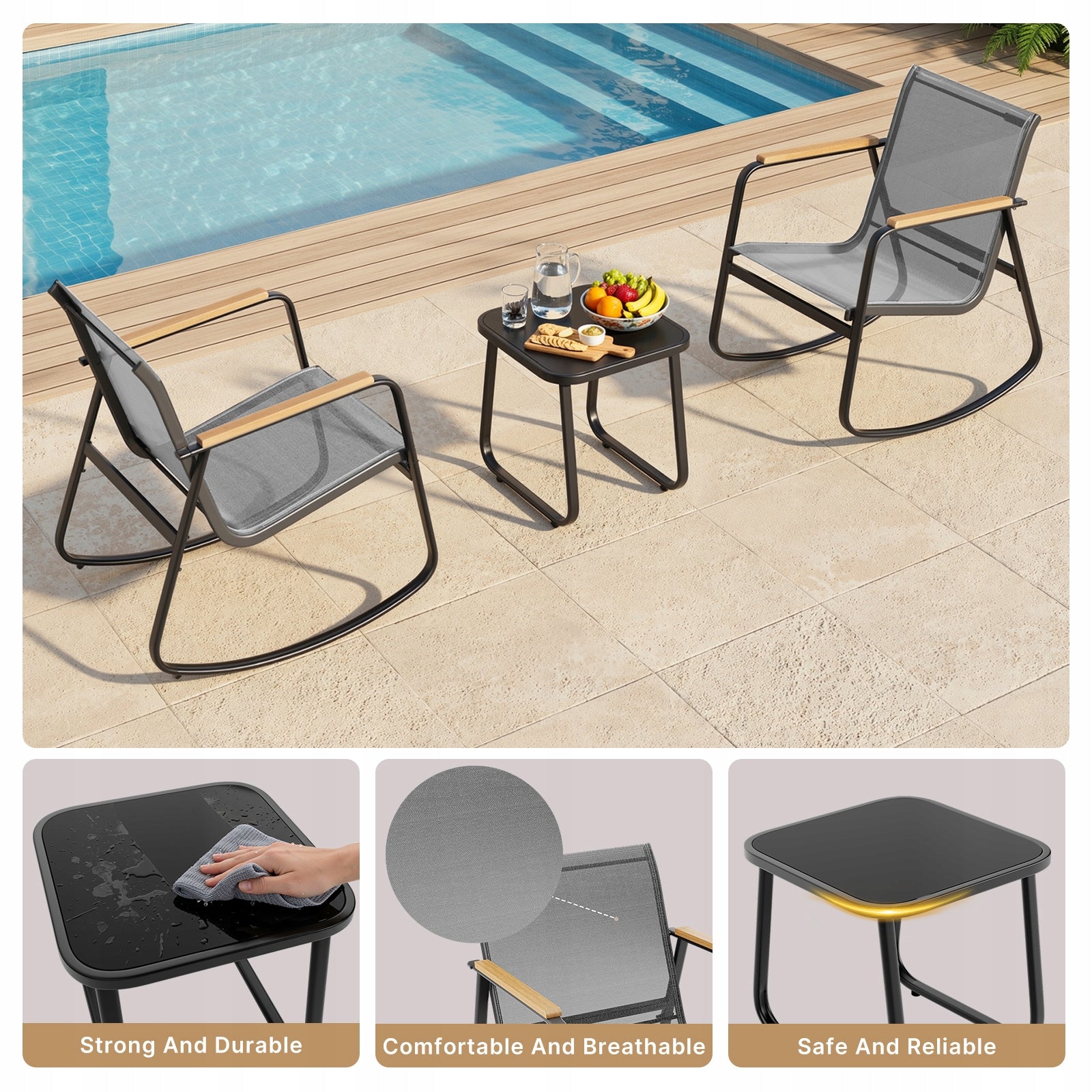Zestaw mebli ogrodowych BEALIFE 3-częściowy bujane mesh, czarny WR218 Color gray