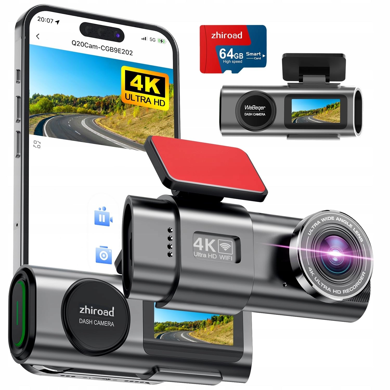 Zhiroad 4K 170° Wi-Fi Car Camera with 64GB Card and Night Vision