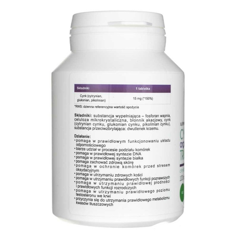 Zinc Organic Trio 15 mg x 100 tablets Aliness Dietary supplement Manufacturer code Synteza białek Widzenie Wzrok Włosy Paznokcie