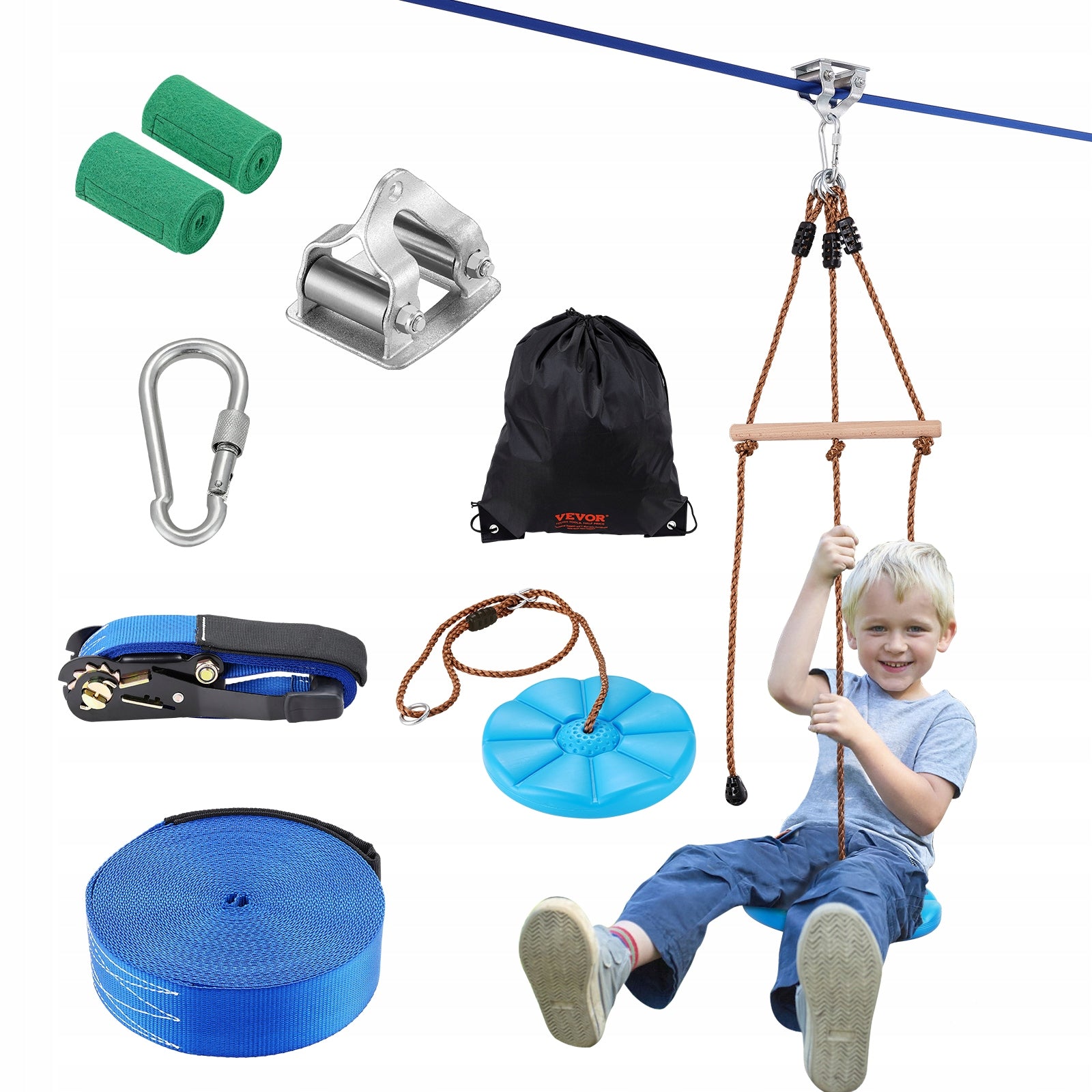 Zipline Kit Kids Adult 52ft 330lb Backyard Quick Setup with Harness Seat