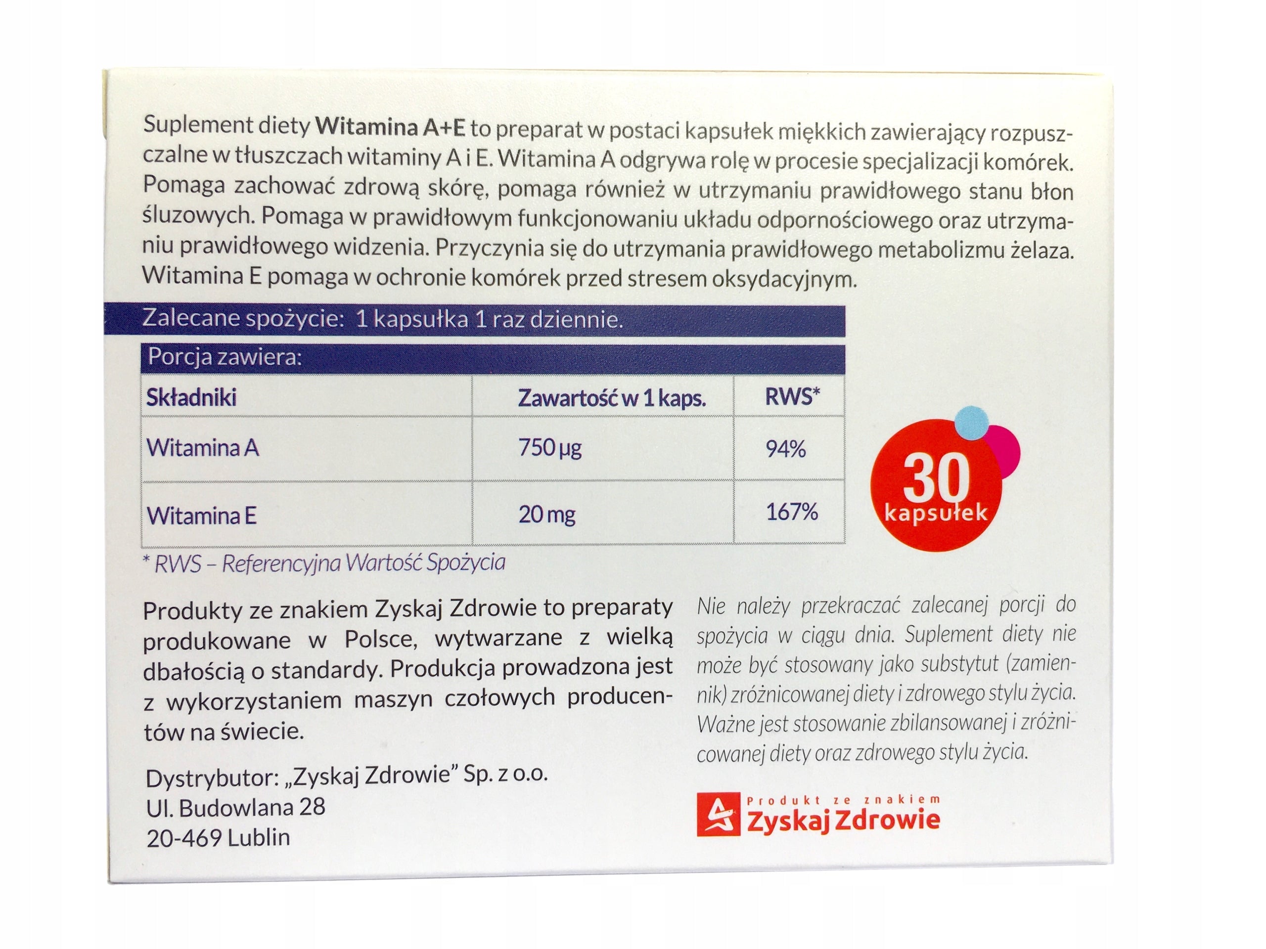 Zyskaj Zdrowie Vitamin A+E 30 capsules Medical device type medical device or in-vitro diagnostic medical device