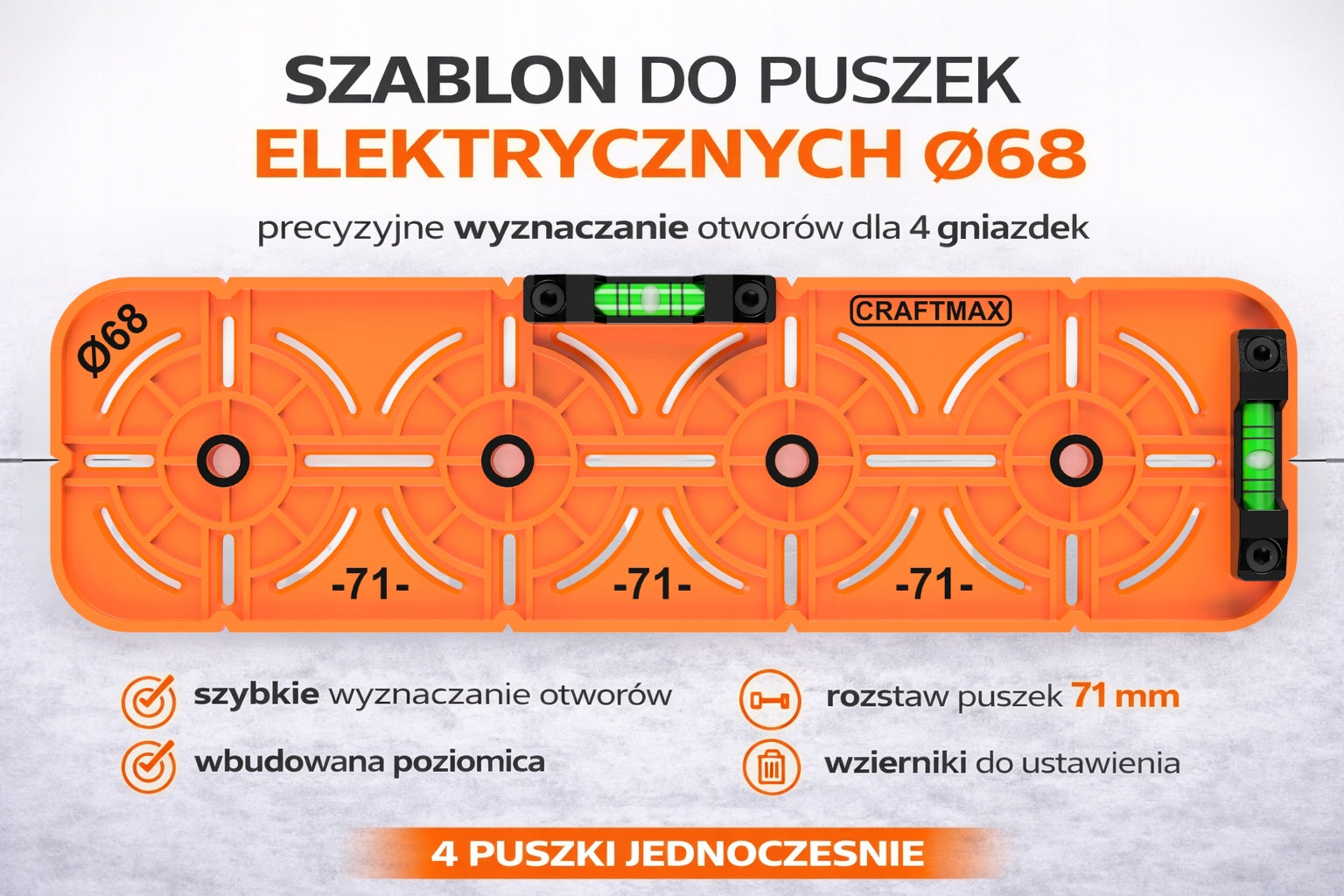 Elektros dėžučių šablonas, Ø68 mm, 71 mm atstumas, 4 pozicijos