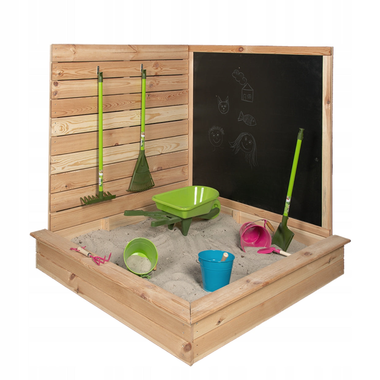 acm WOODEN SANDBOX WITH CHALKBOARD SITTING