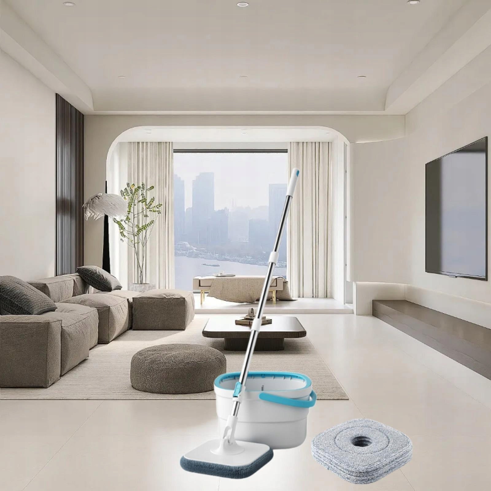 and Bucket Set Washable Adjustable Handle Microfiber Mops Flat 5 Mop Pads
