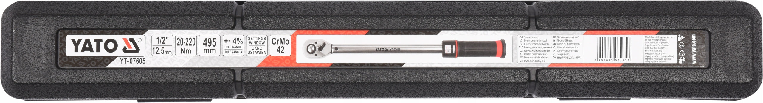 Veržliaraktis YATO 1/2'' 20–220 Nm, 481 mm, su dėklu