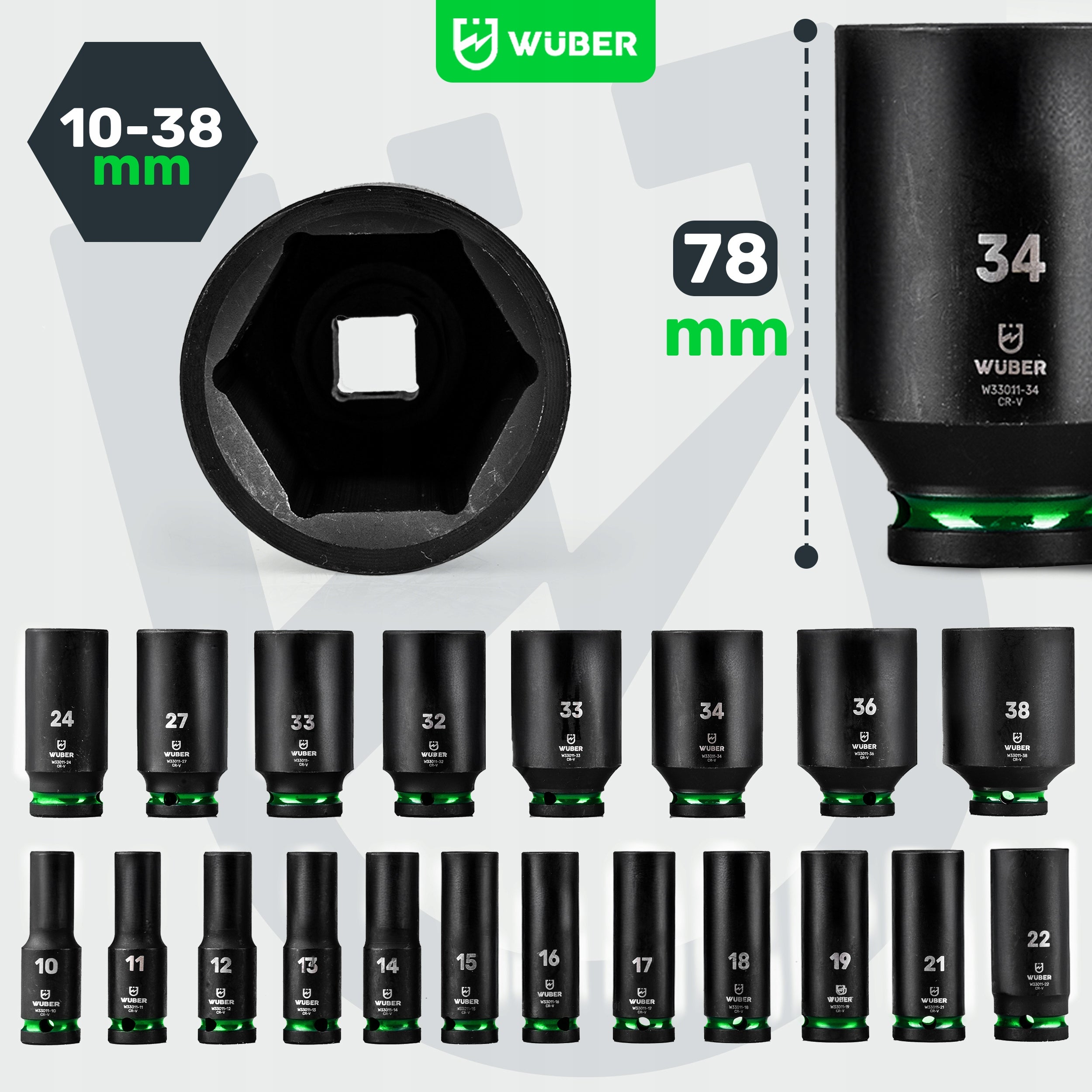 Gilios smūginės galvutės rinkinys WUBER, 20 vnt., 1/2", 6-kampės, 10–38 mm