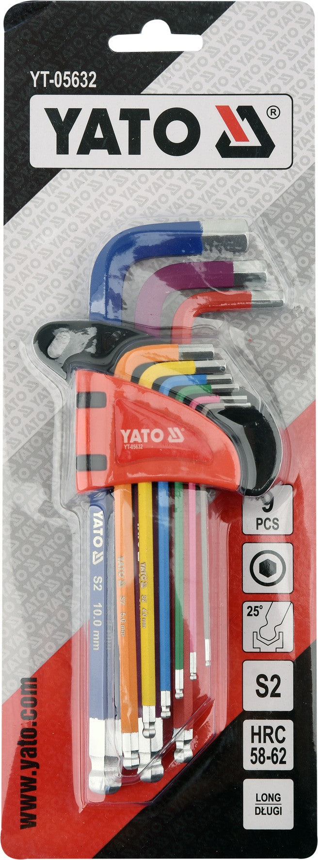 Raktų komplektas YATO: 9 šešiakampiai (1,5–10 mm) ir 9 TORX (T10–T50)