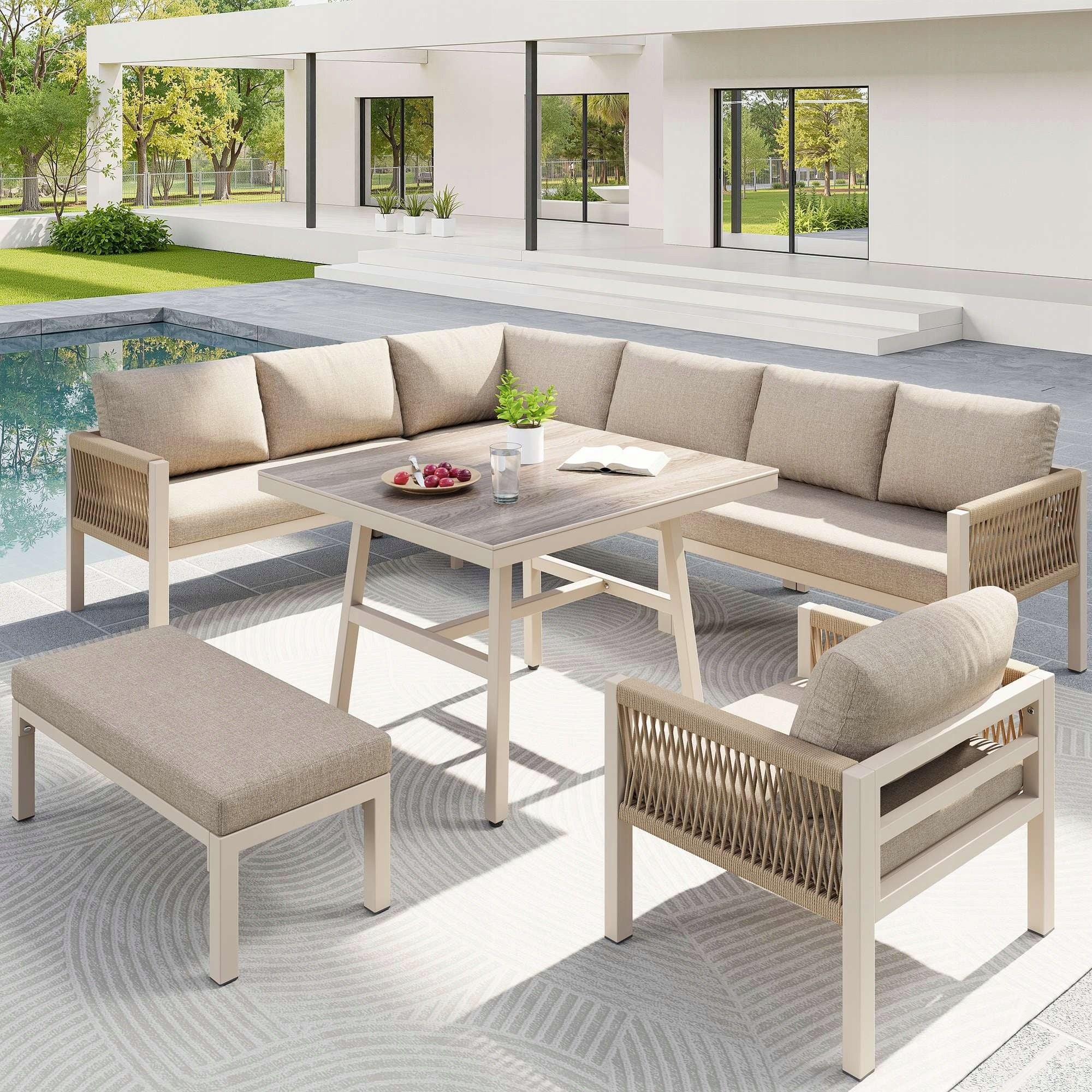 garden furniture set corner 8 people table glass beige terrace garden