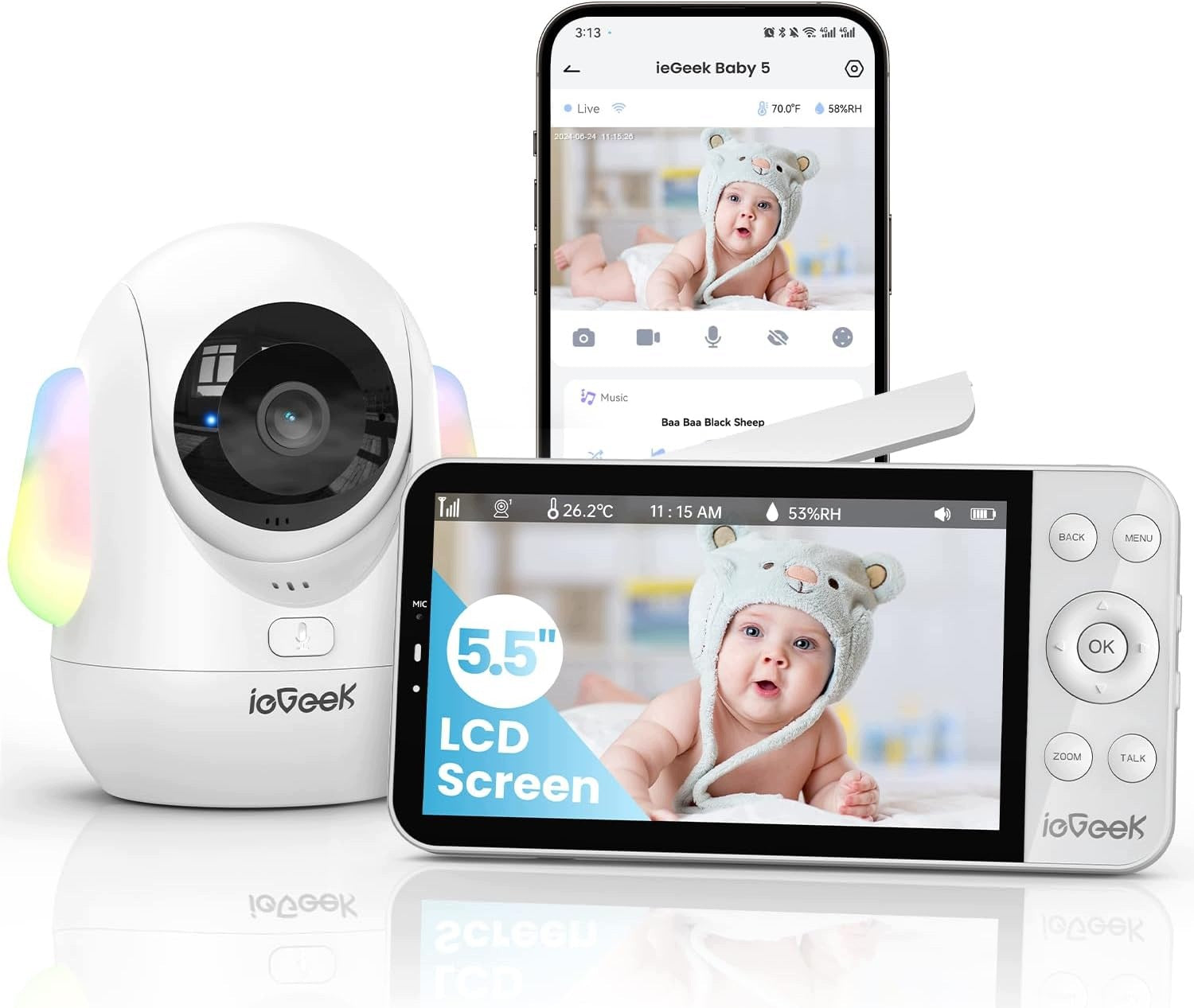 ieGeek Baby Monitor 2.5K 4MP 5.5 inch WLAN PTZ 360