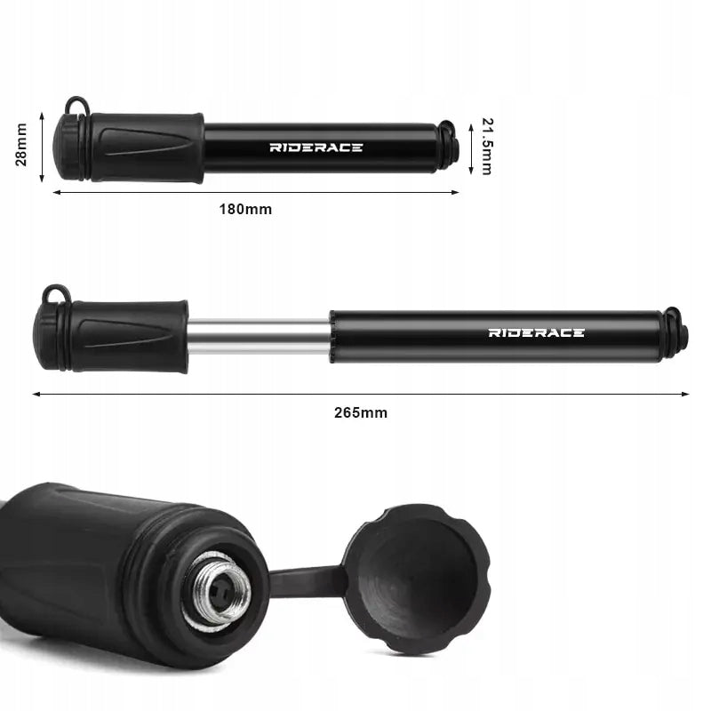 mini bicycle pump 100 PSI, aluminium with hose + accessories RIDERACE Kind manual
