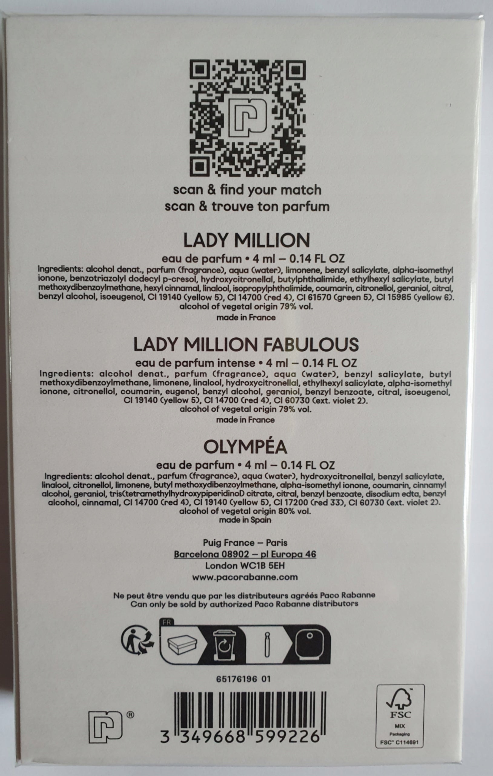 paco rabanne edp set Lady Million Fabulous Olympea 3 x 4 ml travel Brand Paco Rabanne
