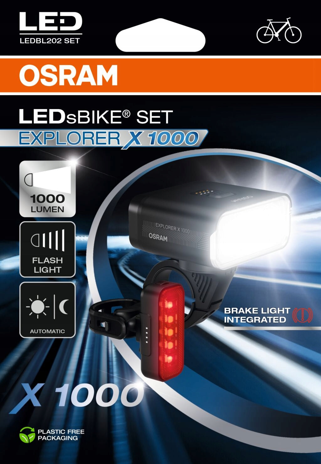 set of bicycle lights front and rear Osram LEDsBIKE EXPLORER X 1000 SET Packaging status original